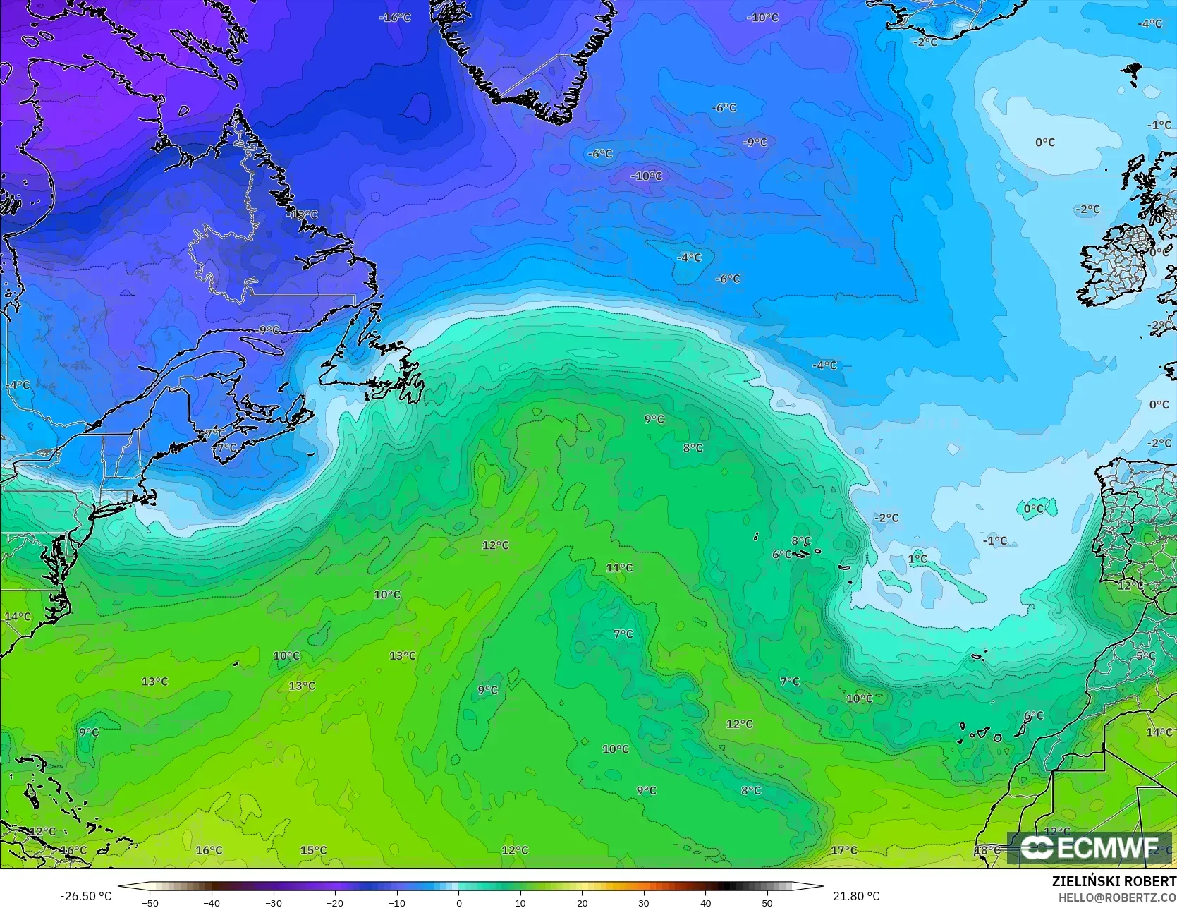 ECMWF IFS 0.25° model - Atlantik Utara, Suhu 850 hPa