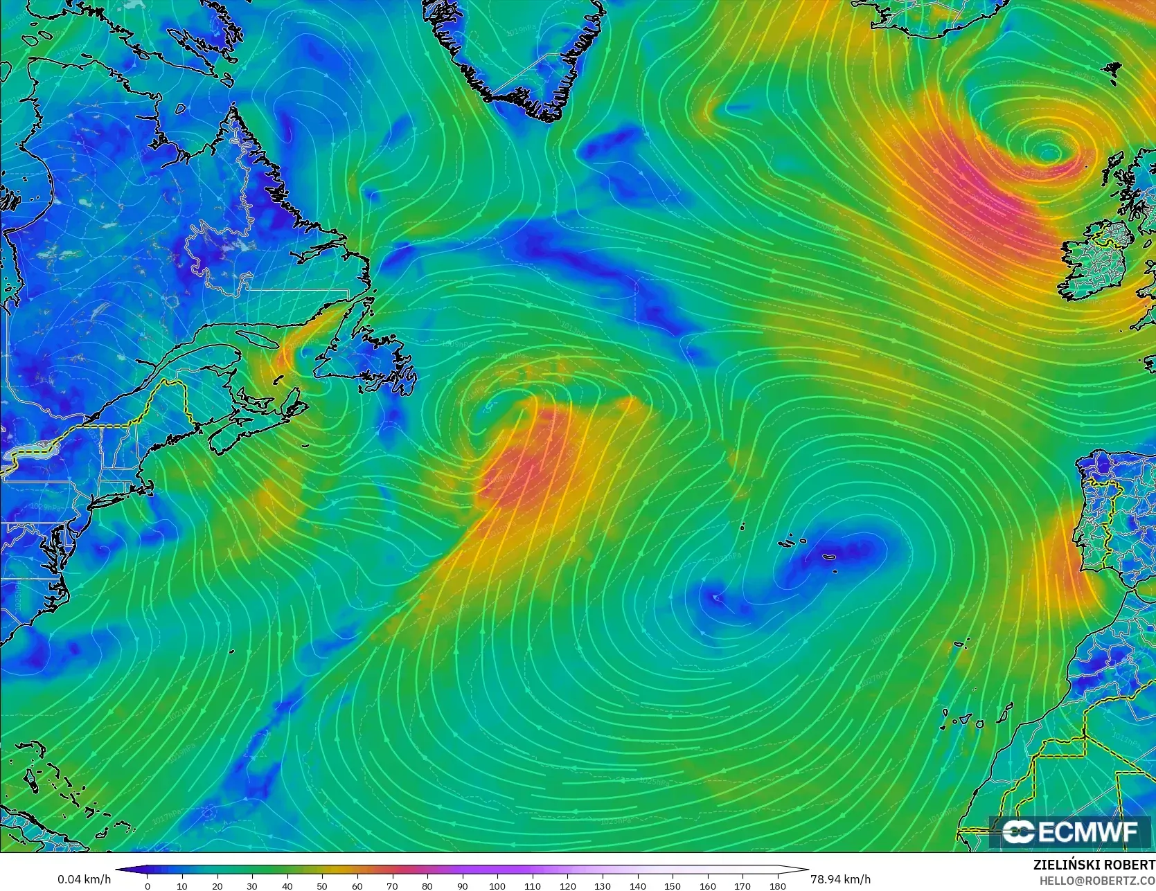ECMWF IFS 0.25° model - Atlantik Utara, Angin 10 m