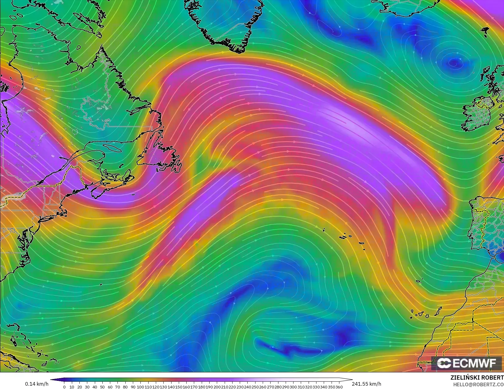 ECMWF IFS 0.25° model - Atlantik Utara, Angin 300 hPa (aliran jet)
