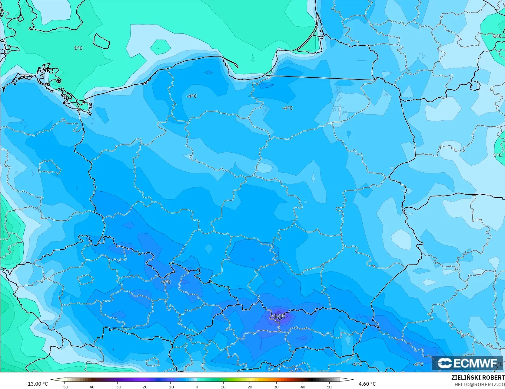 ECMWF IFS 0.25° model - Polandia, Titik Embun 2 m