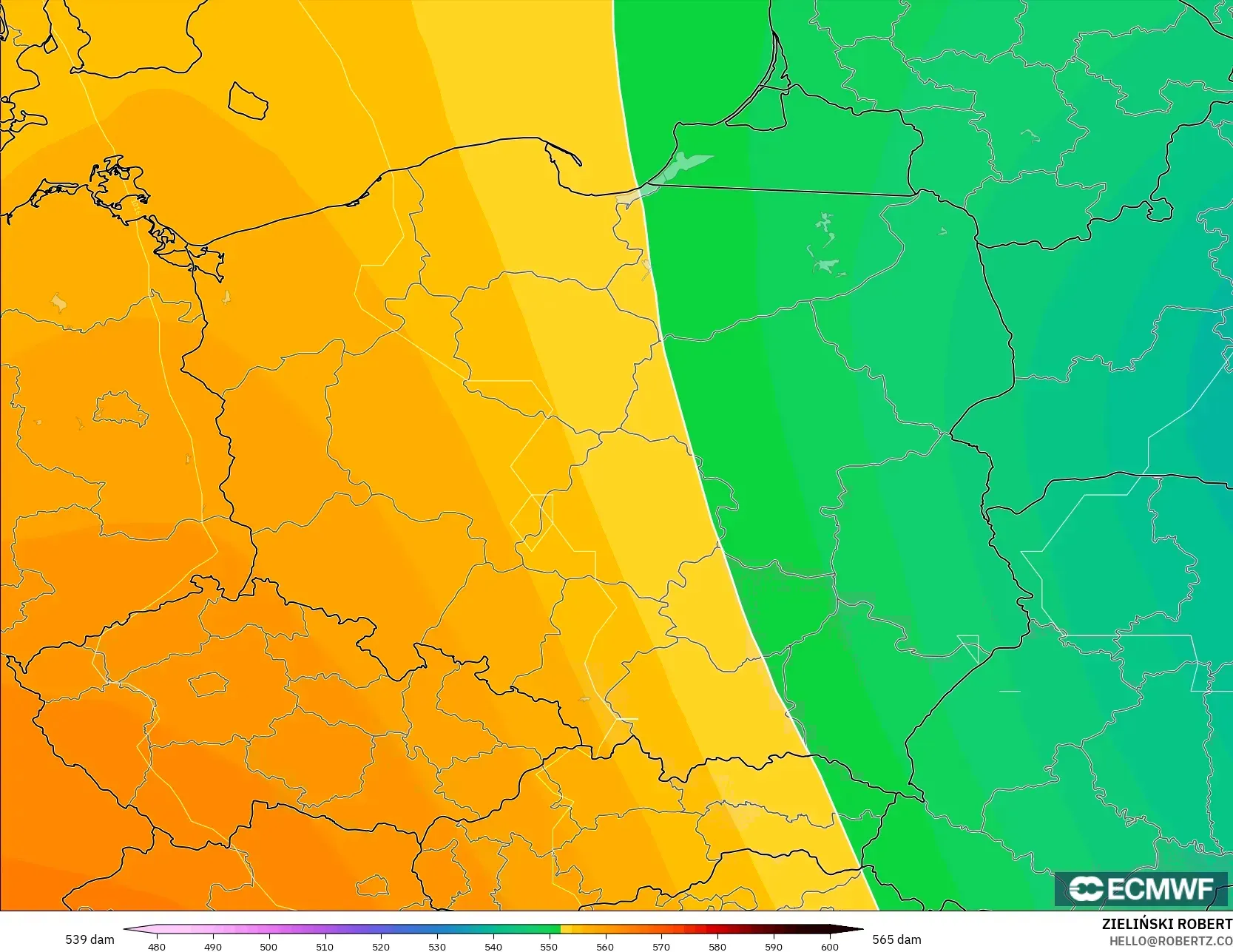 ECMWF IFS 0.25° model - Polandia, Ketinggian geopotensial pada 500 hPa