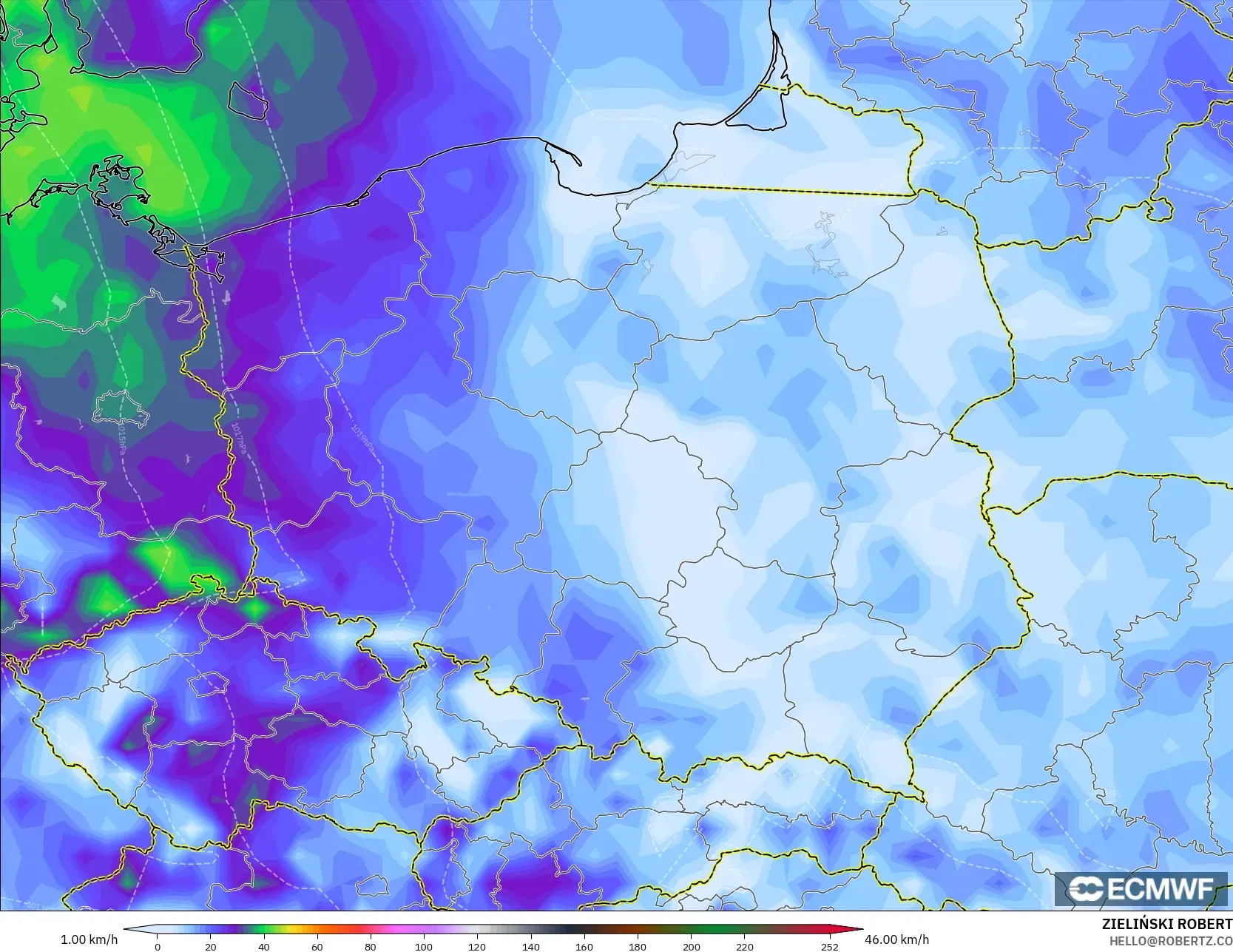 ECMWF IFS 0.25° model - Polandia, Hembusan Angin