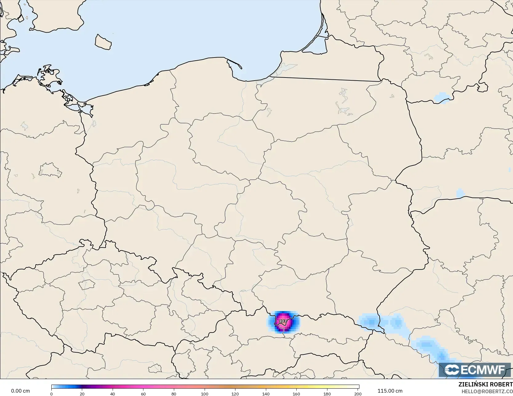 ECMWF IFS 0.25° model - Polandia, Kedalaman Salju