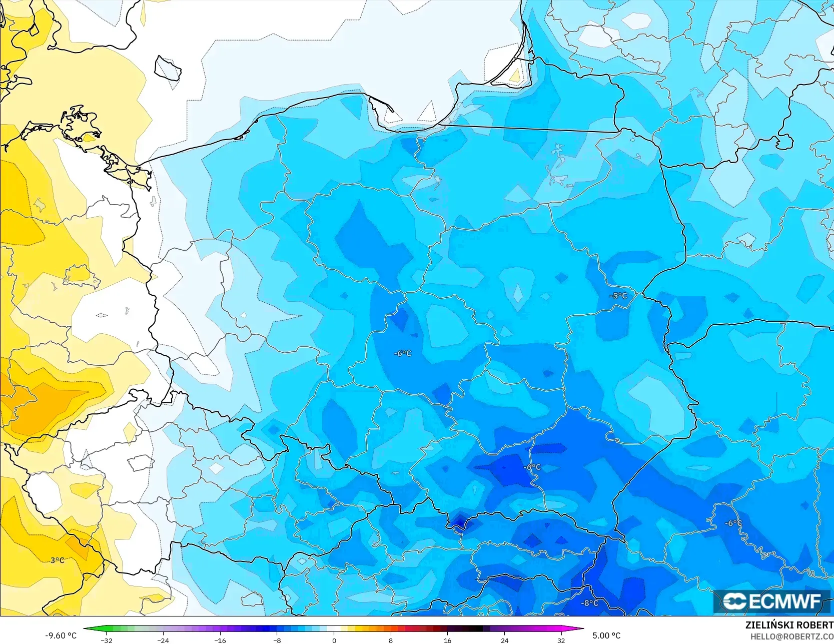 ECMWF IFS 0.25° model - Polandia, Anomali Suhu 2 m