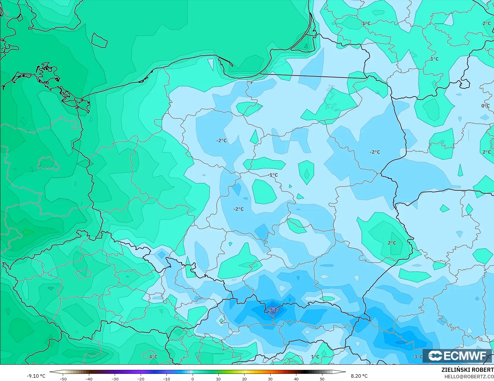 ECMWF IFS 0.25° model - Polandia, Suhu 2 m
