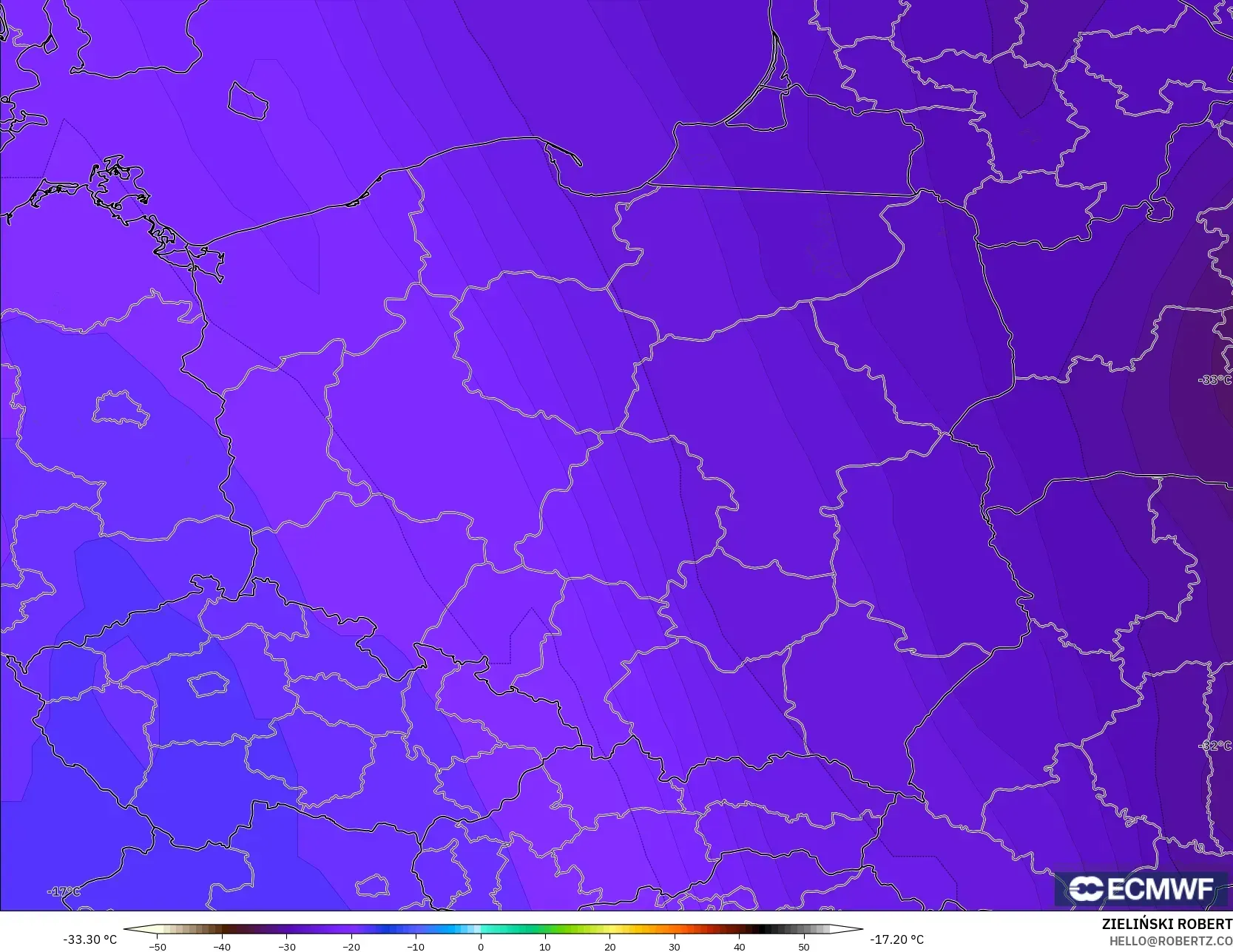 ECMWF IFS 0.25° model - Polandia, Suhu 500 hPa