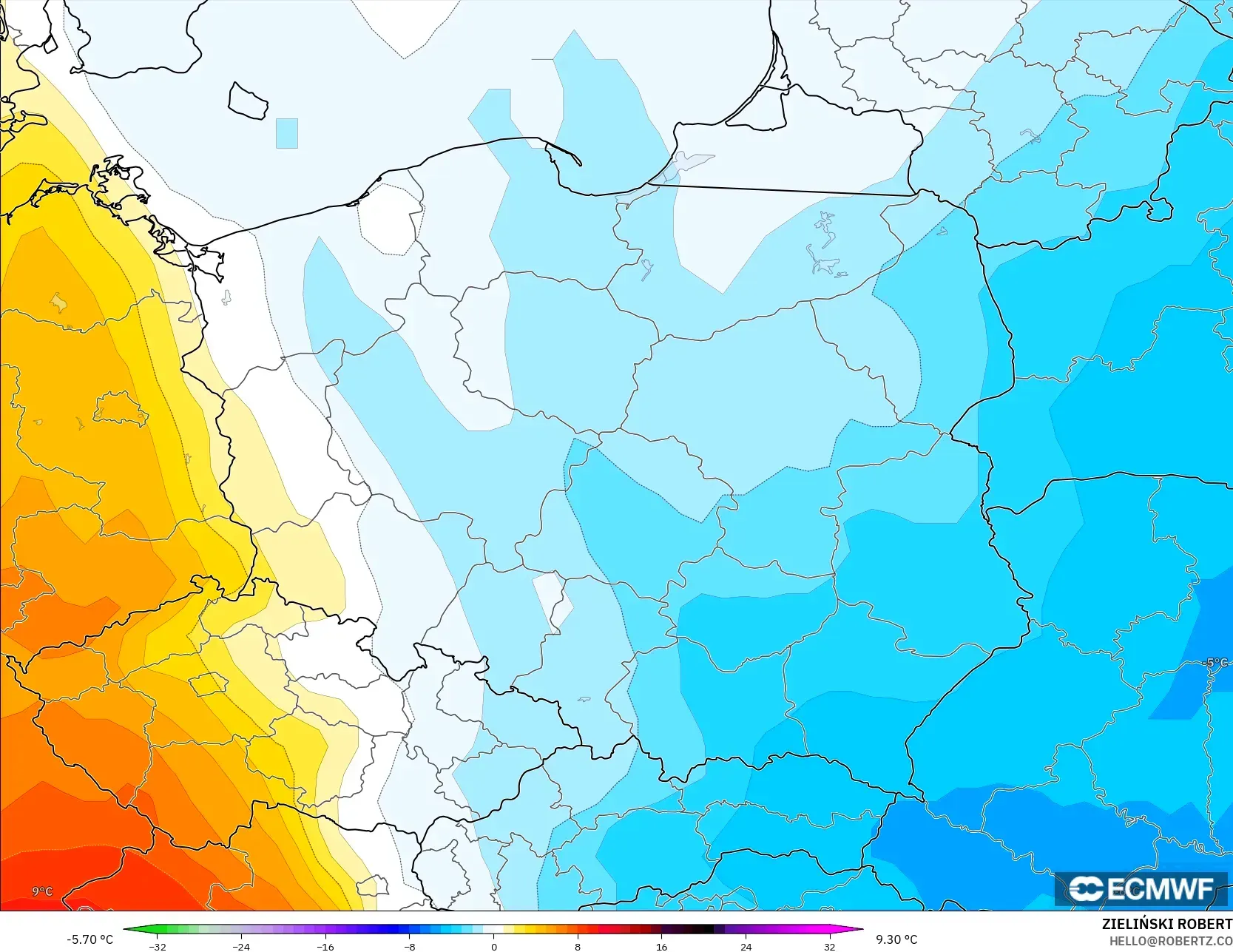 ECMWF IFS 0.25° model - Polandia, Anomali Suhu 850 hPa
