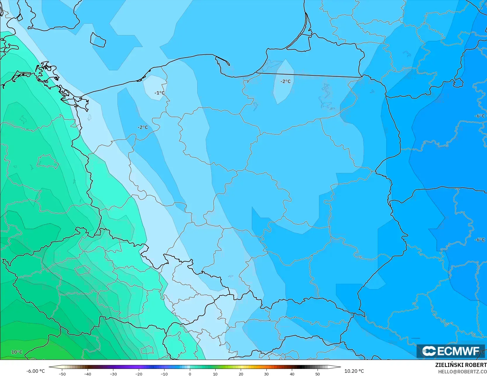 ECMWF IFS 0.25° model - Polandia, Suhu 850 hPa