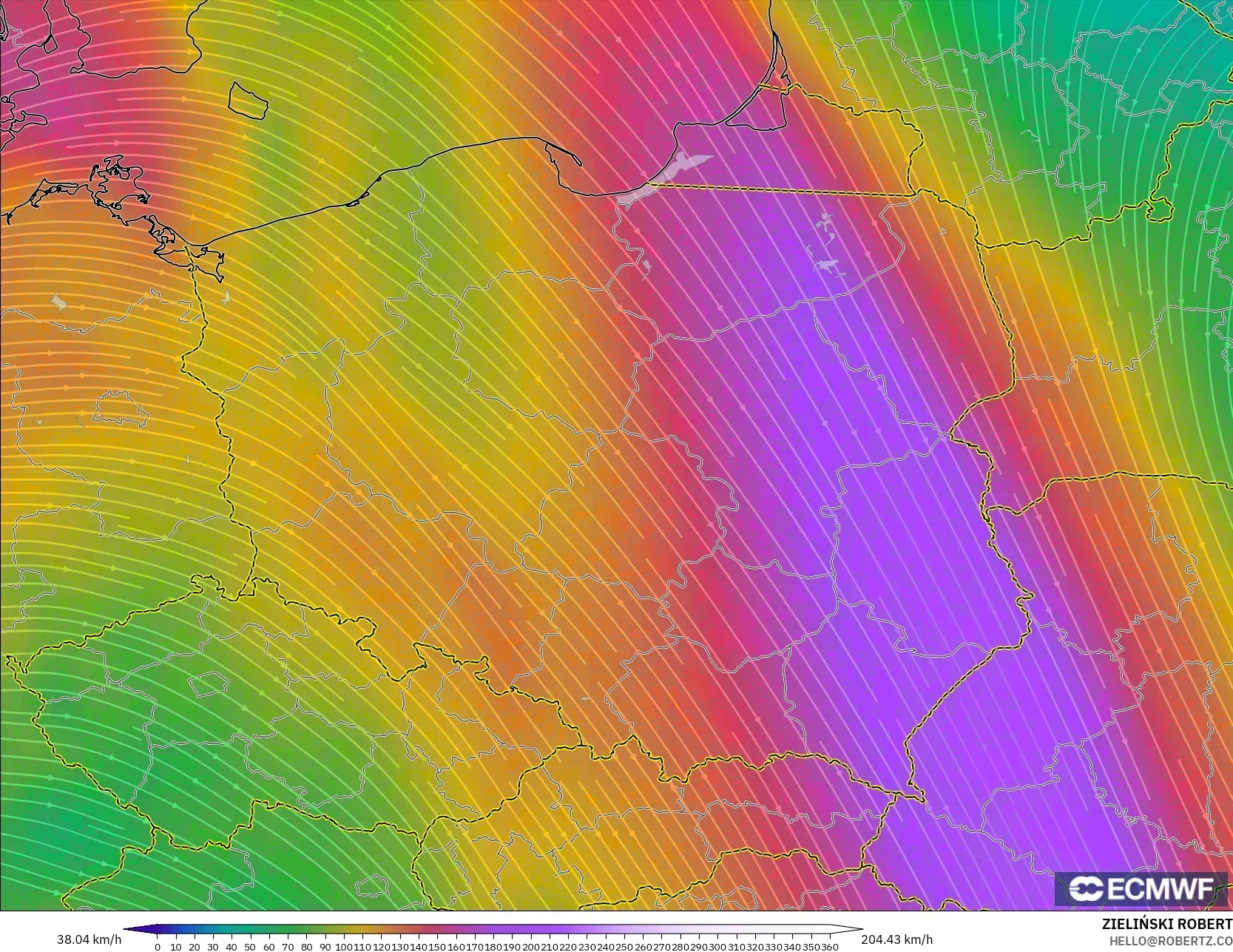 ECMWF IFS 0.25° model - Polandia, Angin 300 hPa (aliran jet)