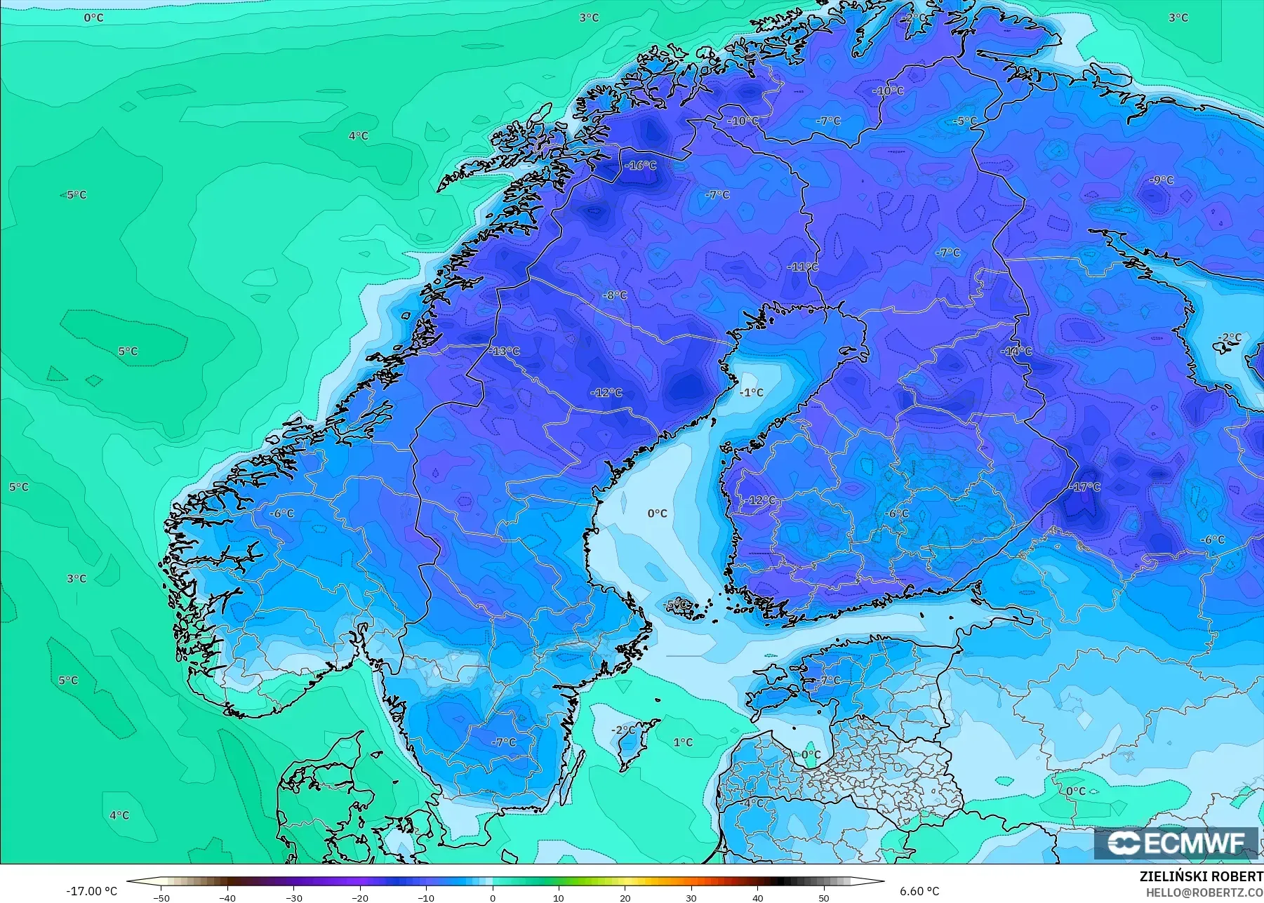 ECMWF IFS 0.25° model - Skandinavia, Titik Embun 2 m