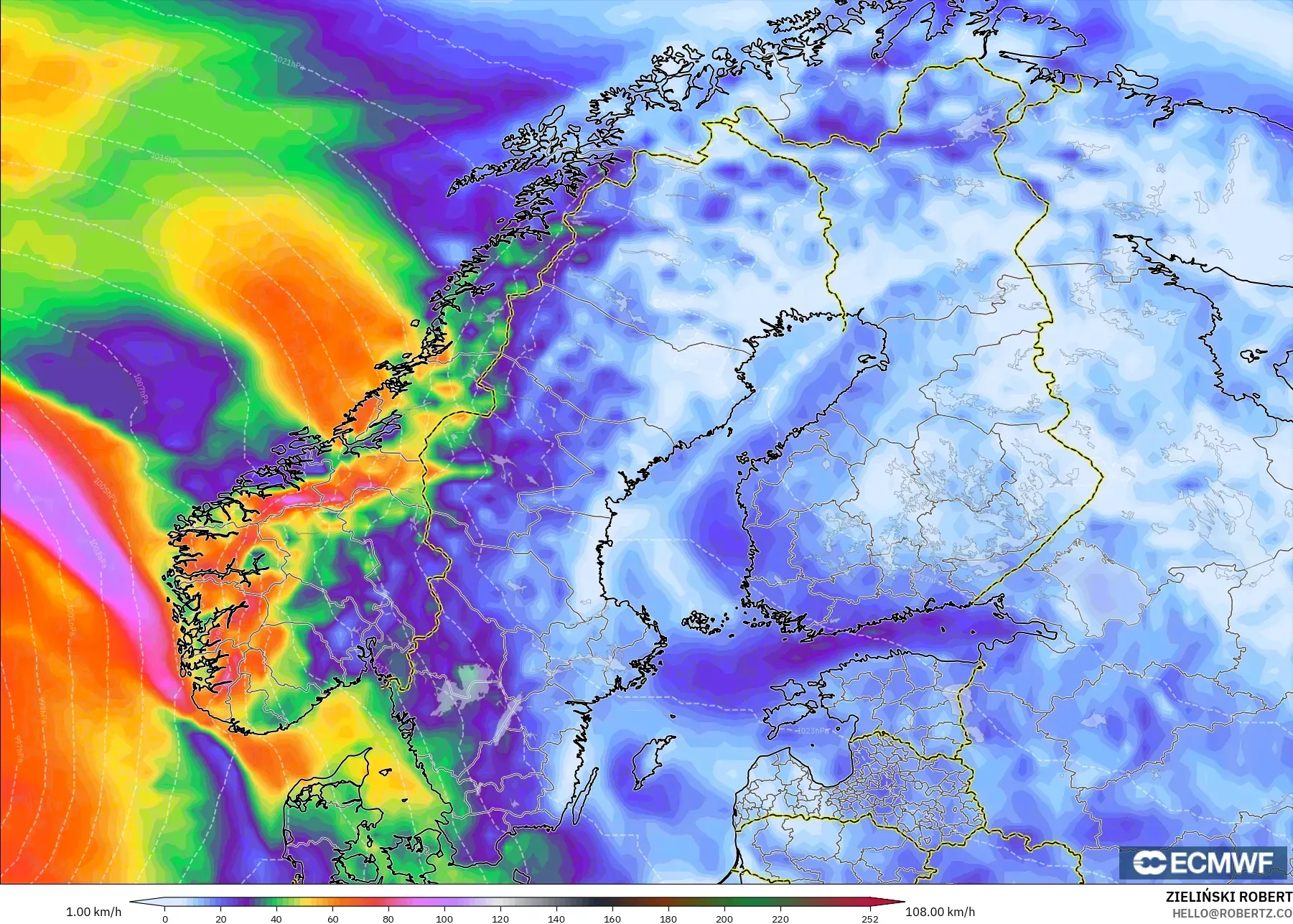 ECMWF IFS 0.25° model - Skandinavia, Hembusan Angin