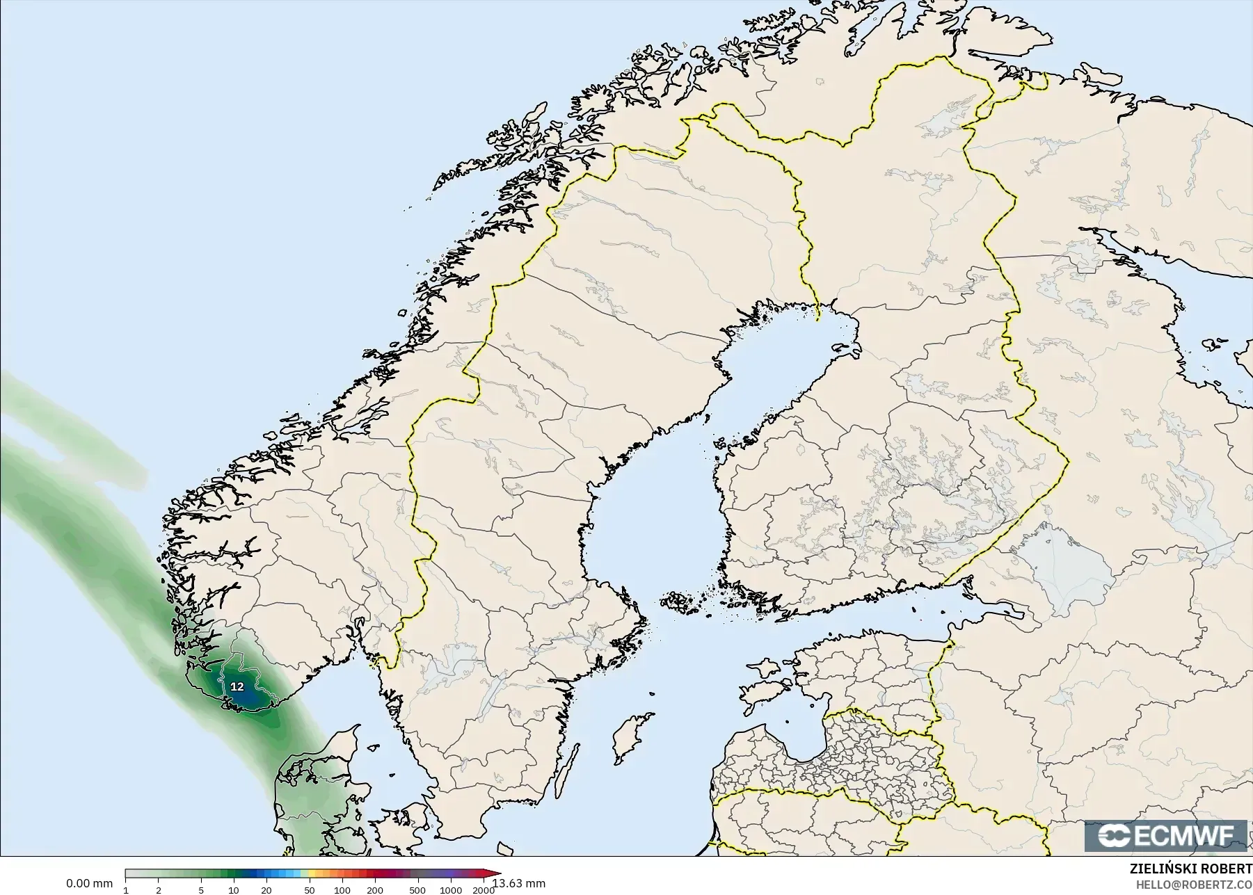 ECMWF IFS 0.25° model - Skandinavia, Akumulasi Curah Hujan