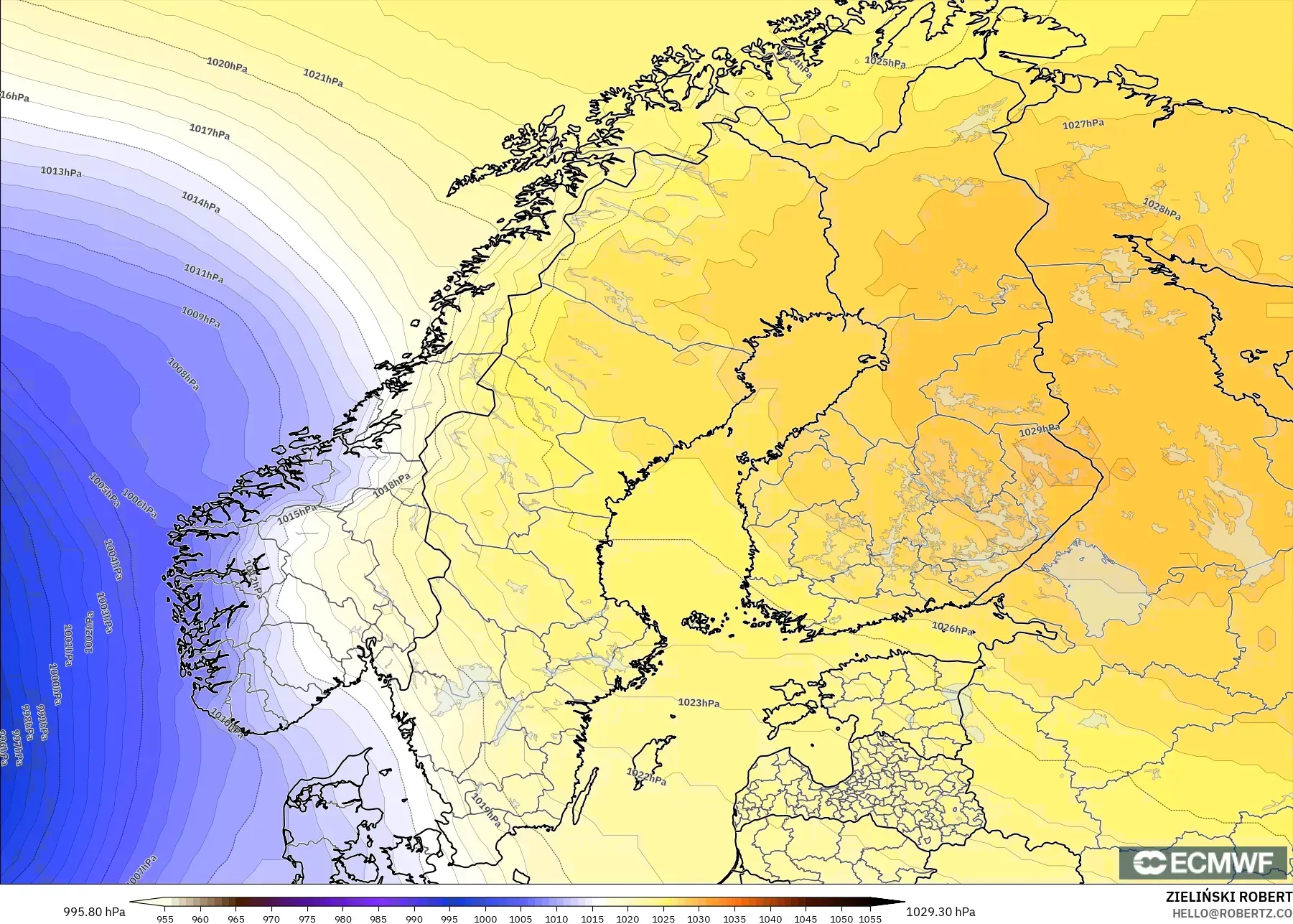 ECMWF IFS 0.25° model - Skandinavia, Tekanan