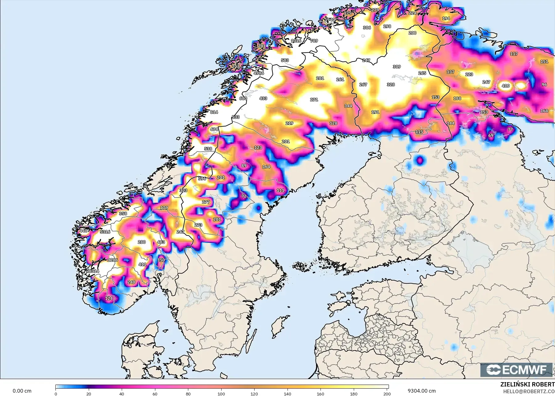 ECMWF IFS 0.25° model - Skandinavia, Kedalaman Salju