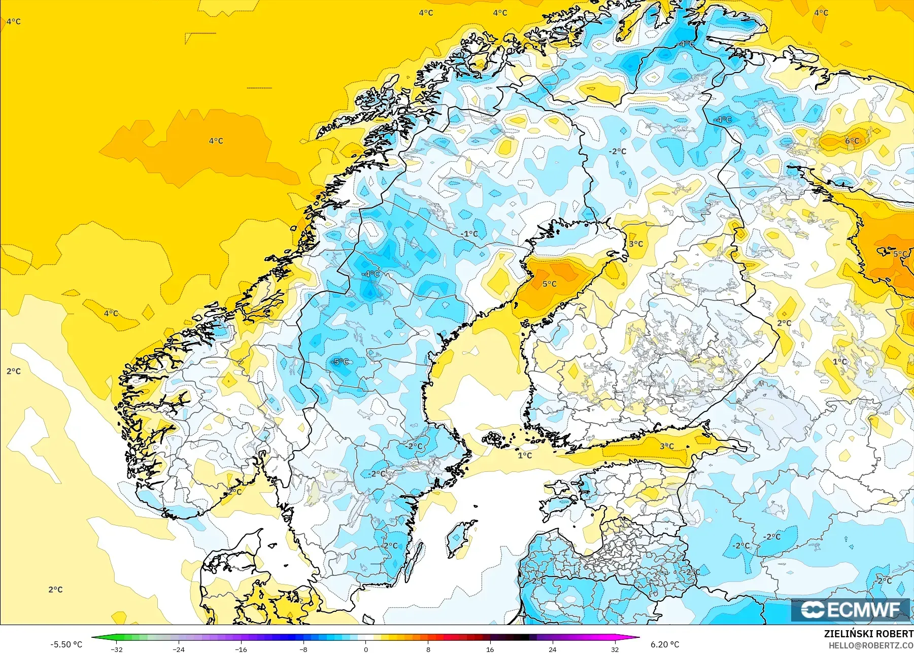 ECMWF IFS 0.25° model - Skandinavia, Anomali Suhu 2 m