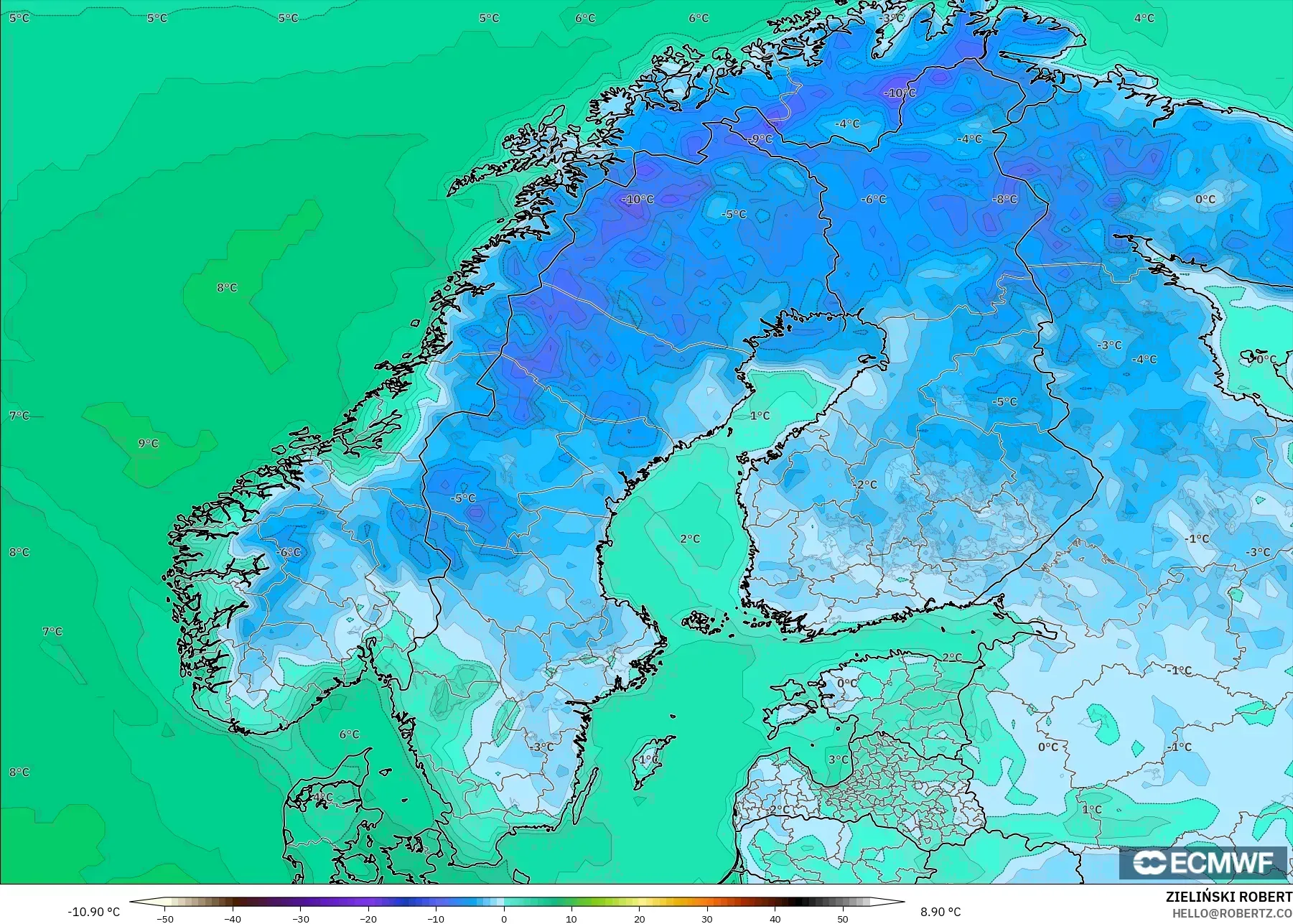 ECMWF IFS 0.25° model - Skandinavia, Suhu 2 m