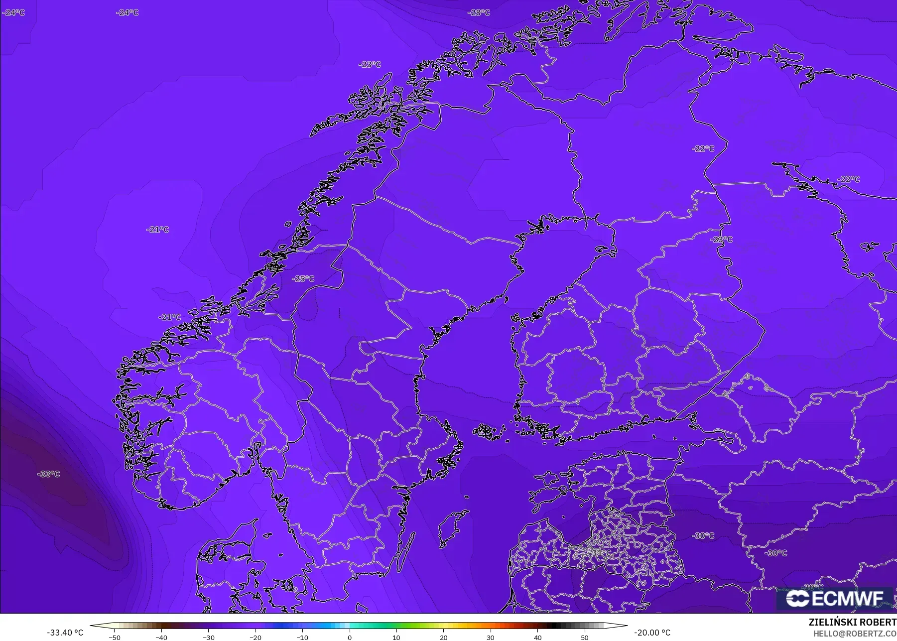 ECMWF IFS 0.25° model - Skandinavia, Suhu 500 hPa