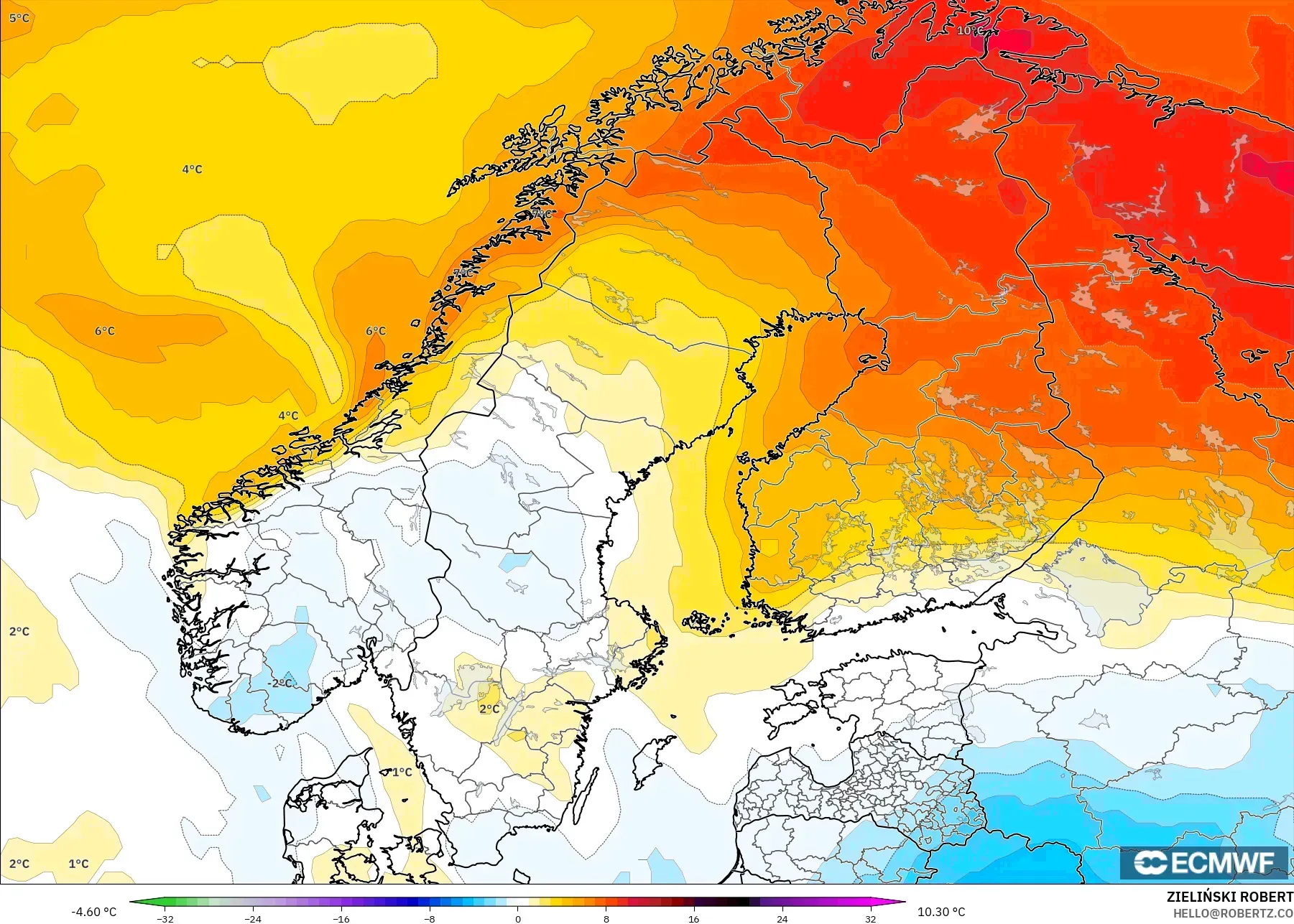 ECMWF IFS 0.25° model - Skandinavia, Anomali Suhu 850 hPa
