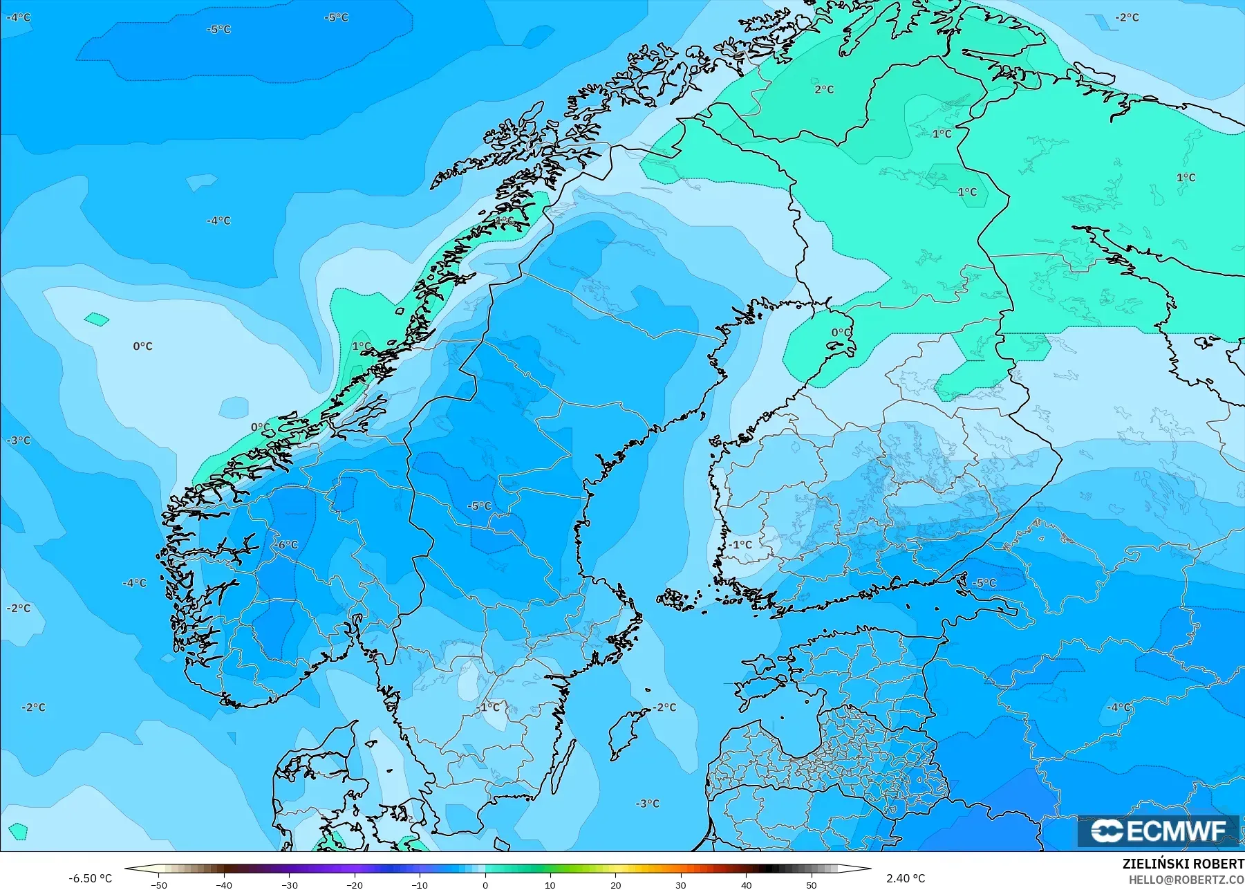 ECMWF IFS 0.25° model - Skandinavia, Suhu 850 hPa