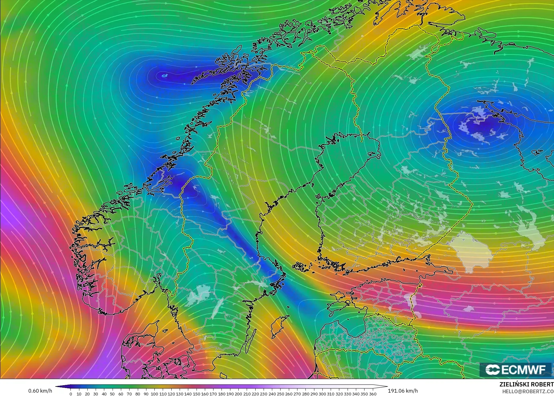 ECMWF IFS 0.25° model - Skandinavia, Angin 300 hPa (aliran jet)