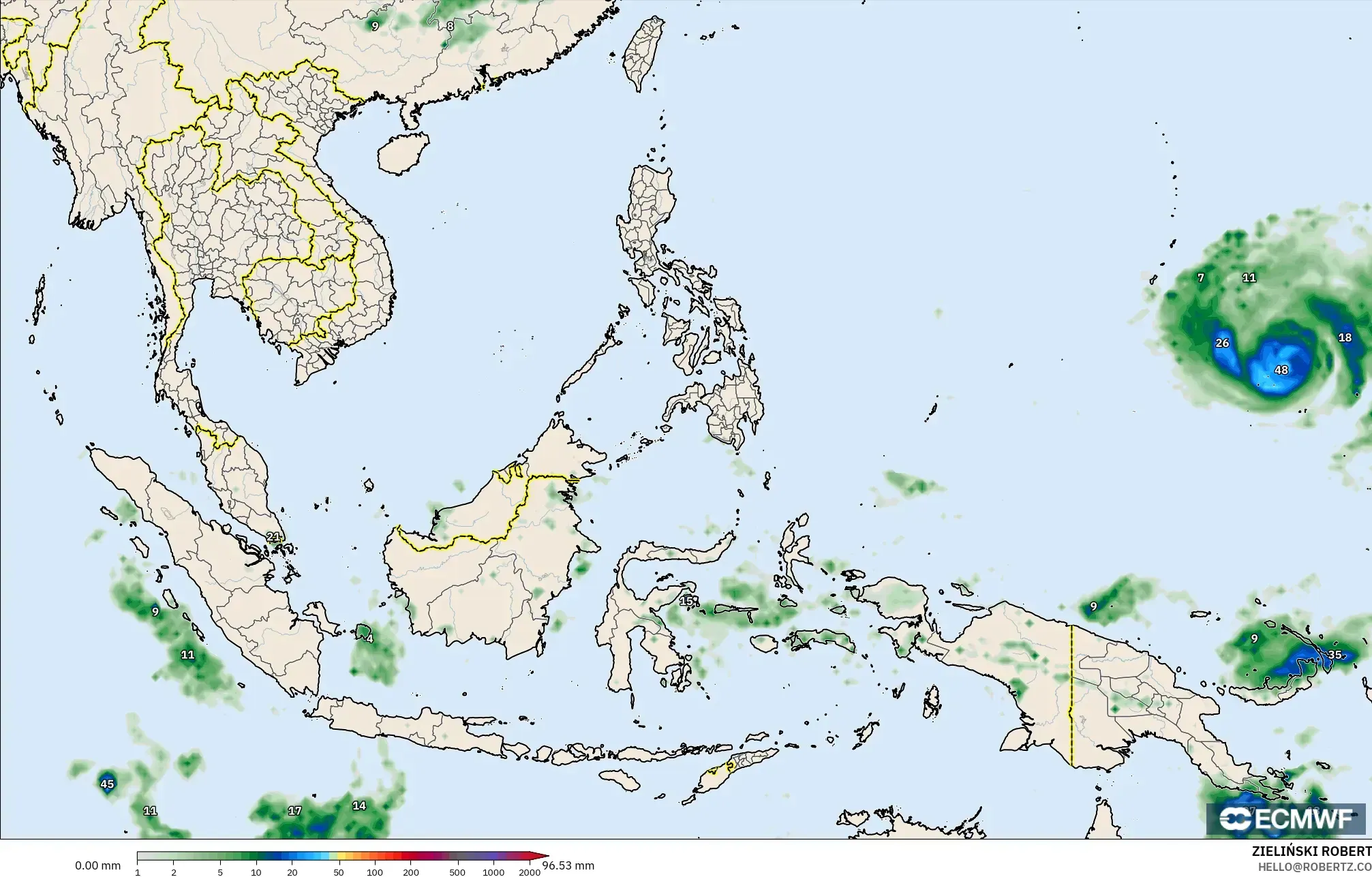 ECMWF IFS 0.25° model - Asia Tenggara, Akumulasi Curah Hujan