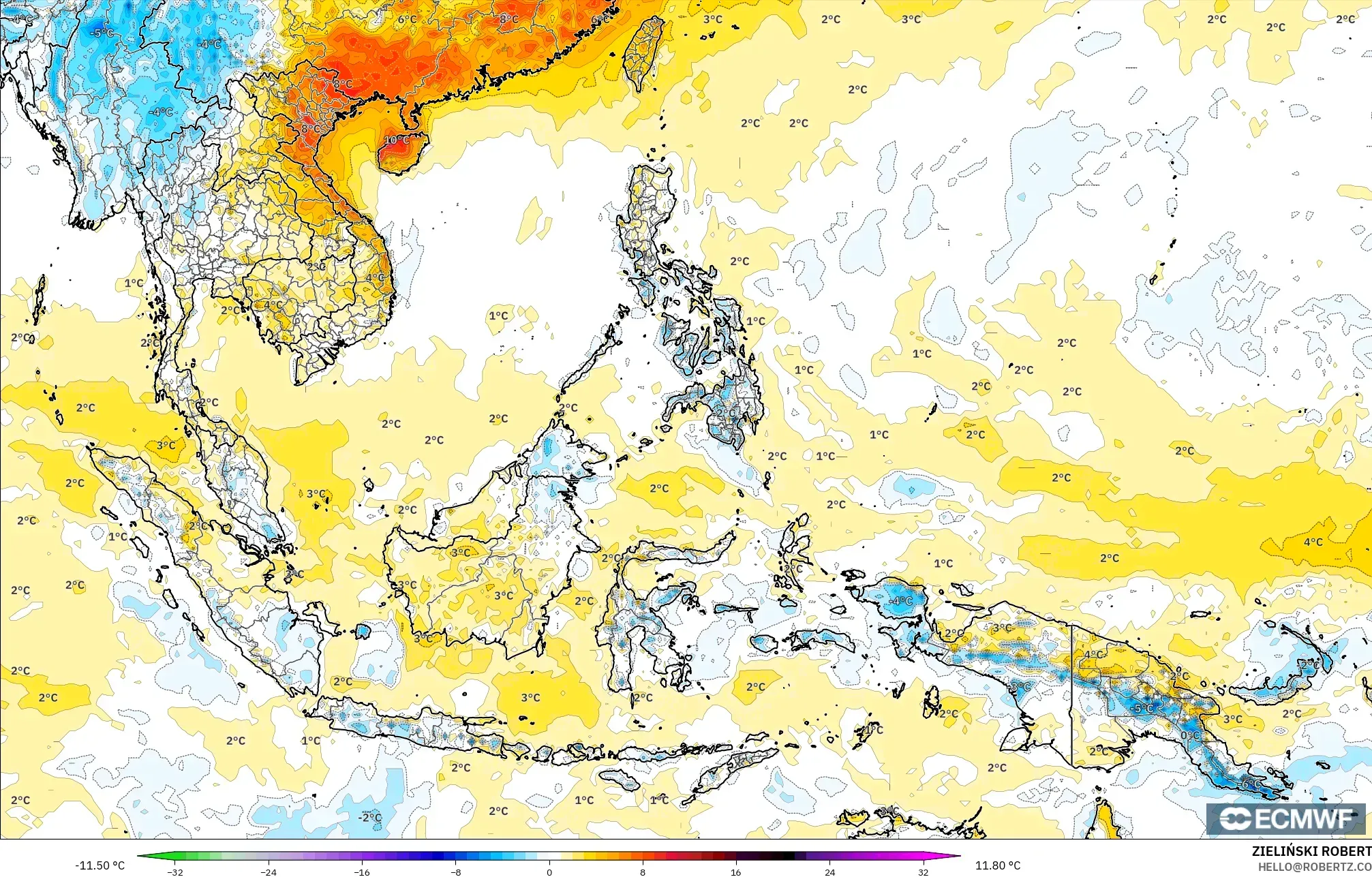 ECMWF IFS 0.25° model - Asia Tenggara, Anomali Suhu 2 m
