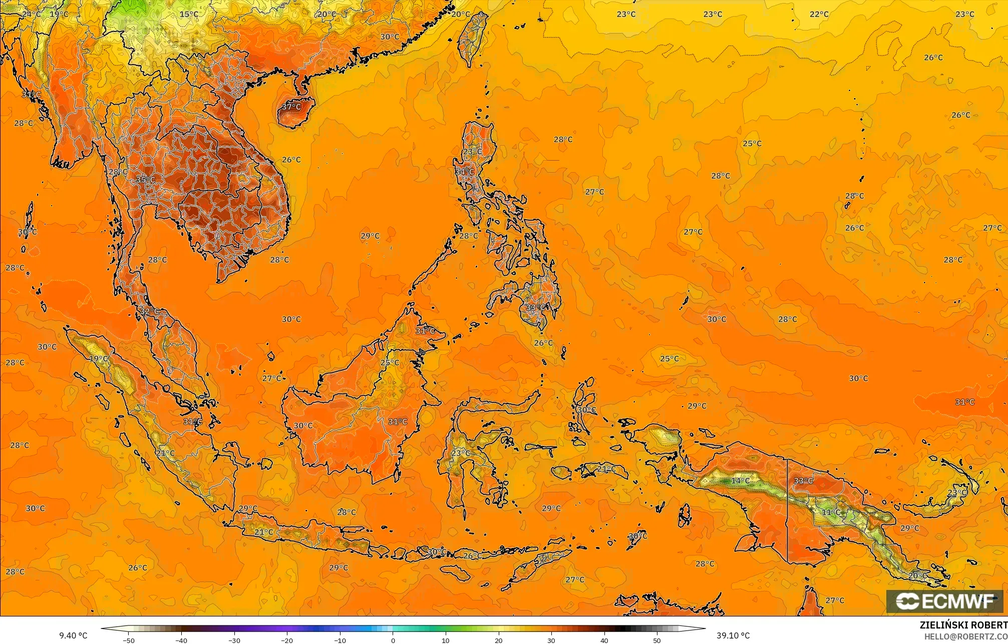 ECMWF IFS 0.25° model - Asia Tenggara, Suhu 2 m