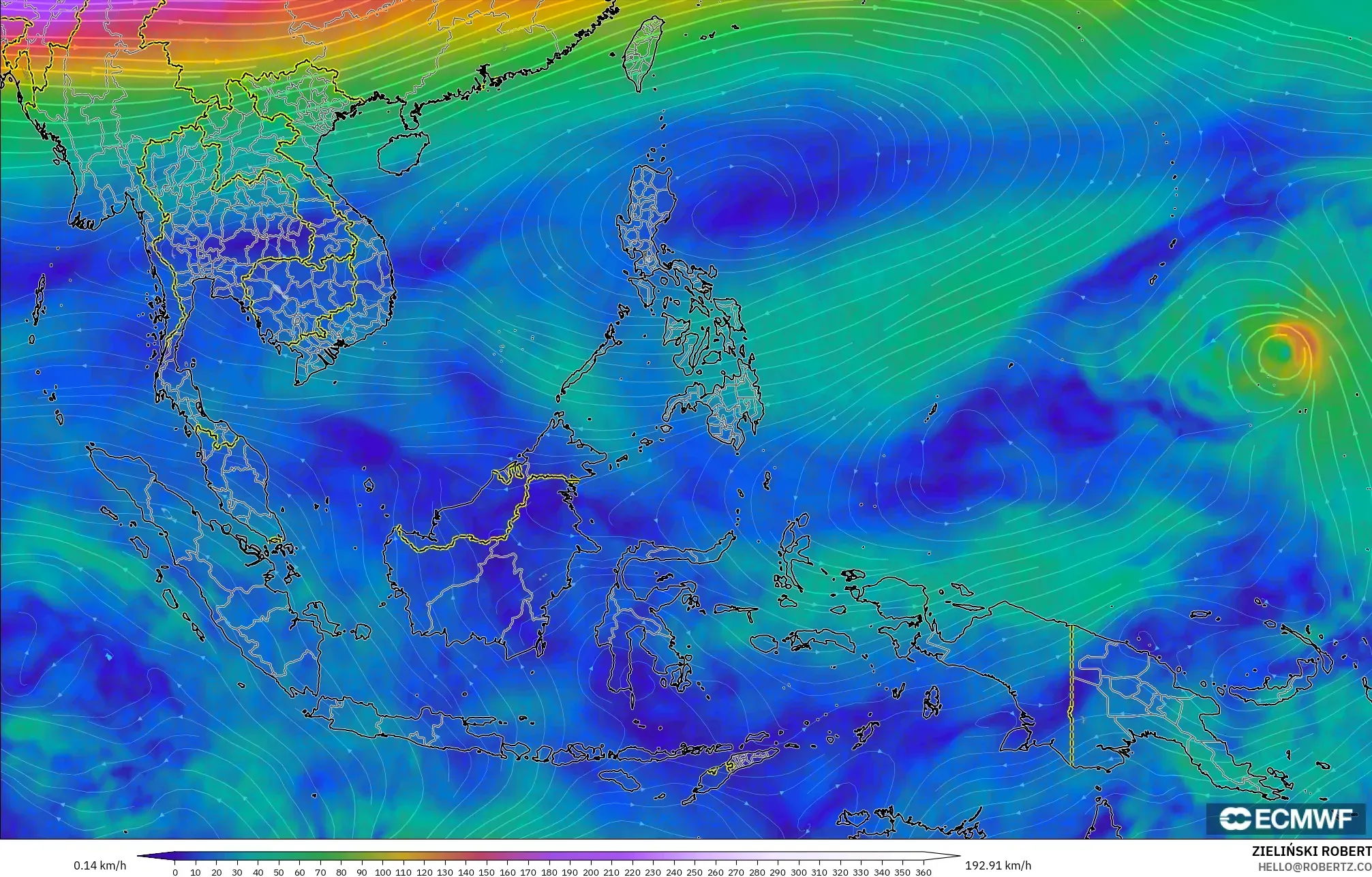ECMWF IFS 0.25° model - Asia Tenggara, Angin 300 hPa (aliran jet)
