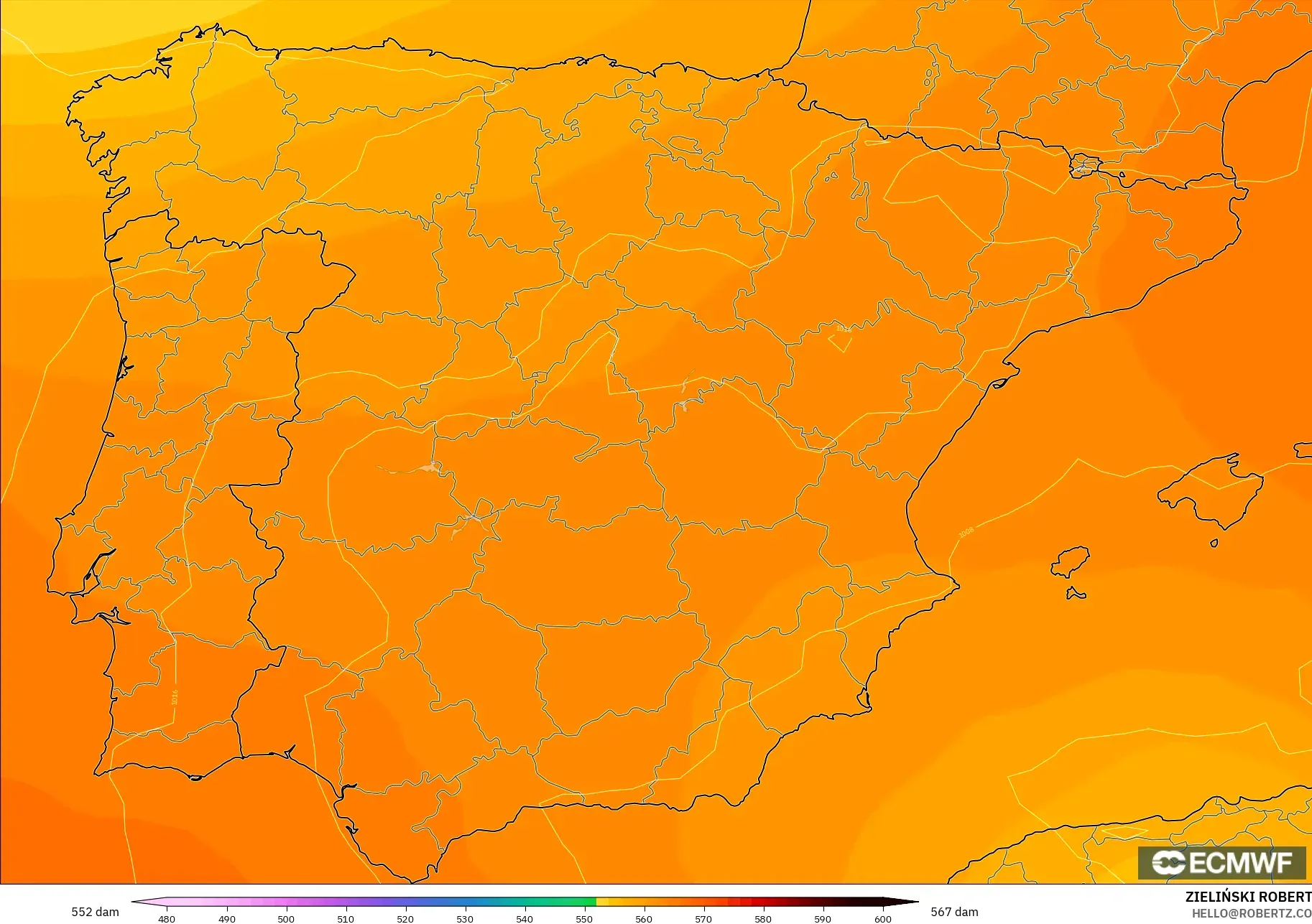 ECMWF IFS 0.25° model - Spanyol, Ketinggian geopotensial pada 500 hPa