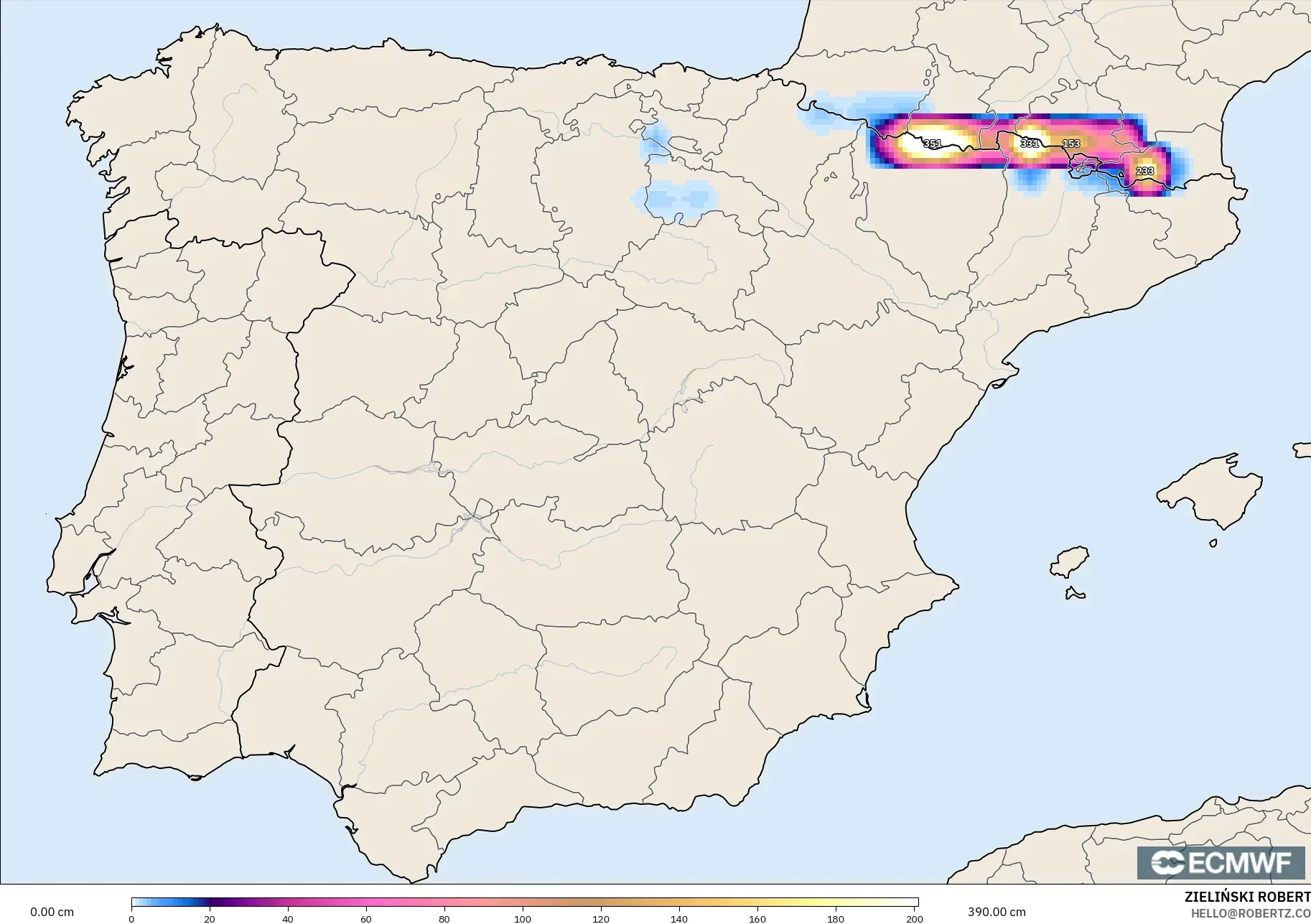 ECMWF IFS 0.25° model - Spanyol, Kedalaman Salju