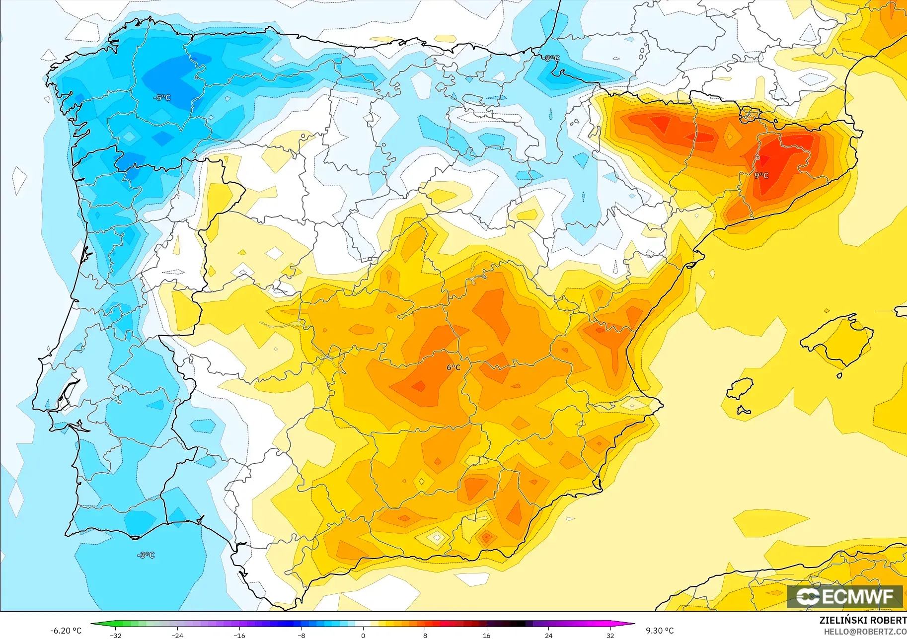 ECMWF IFS 0.25° model - Spanyol, Anomali Suhu 2 m
