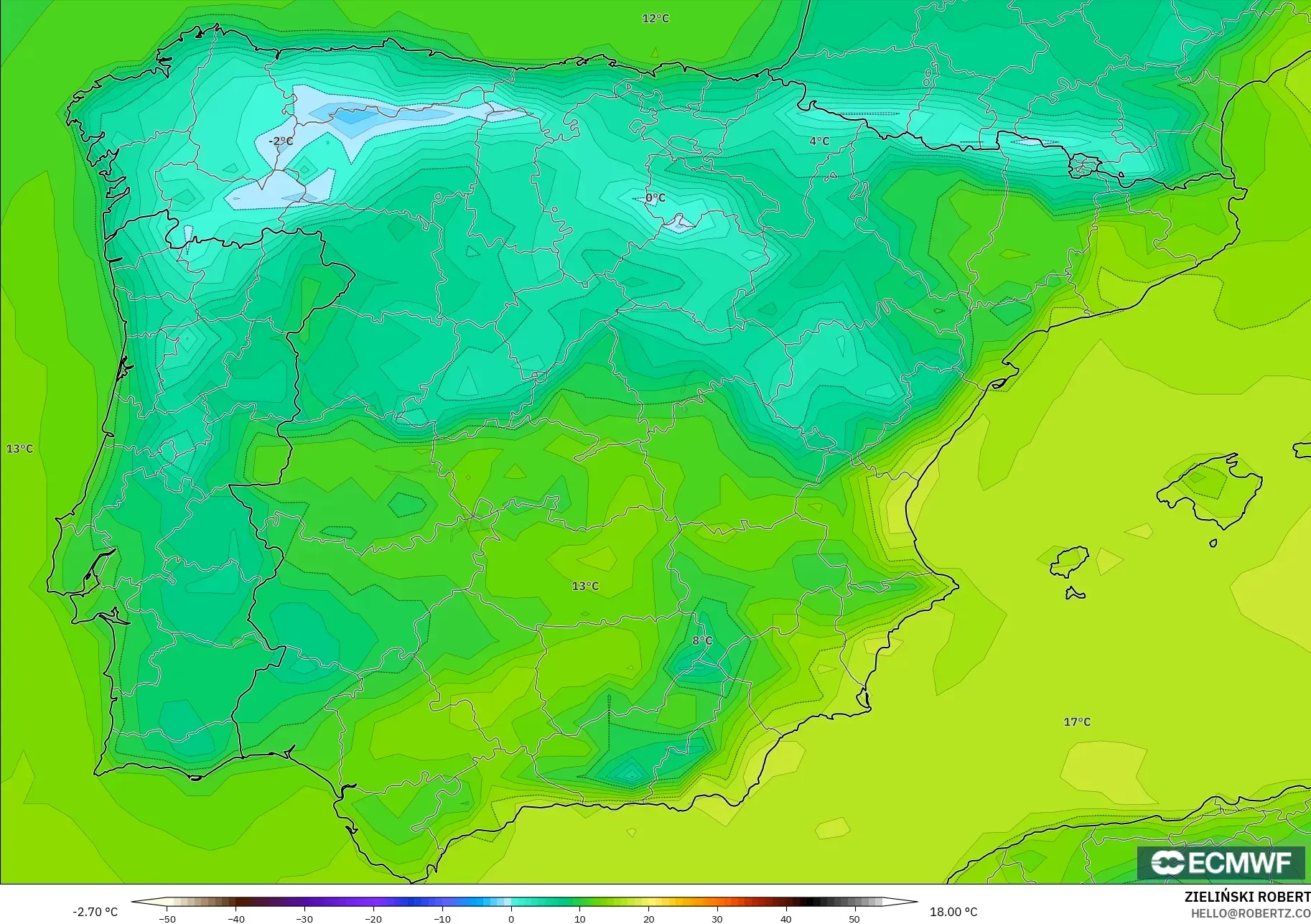 ECMWF IFS 0.25° model - Spanyol, Suhu 2 m