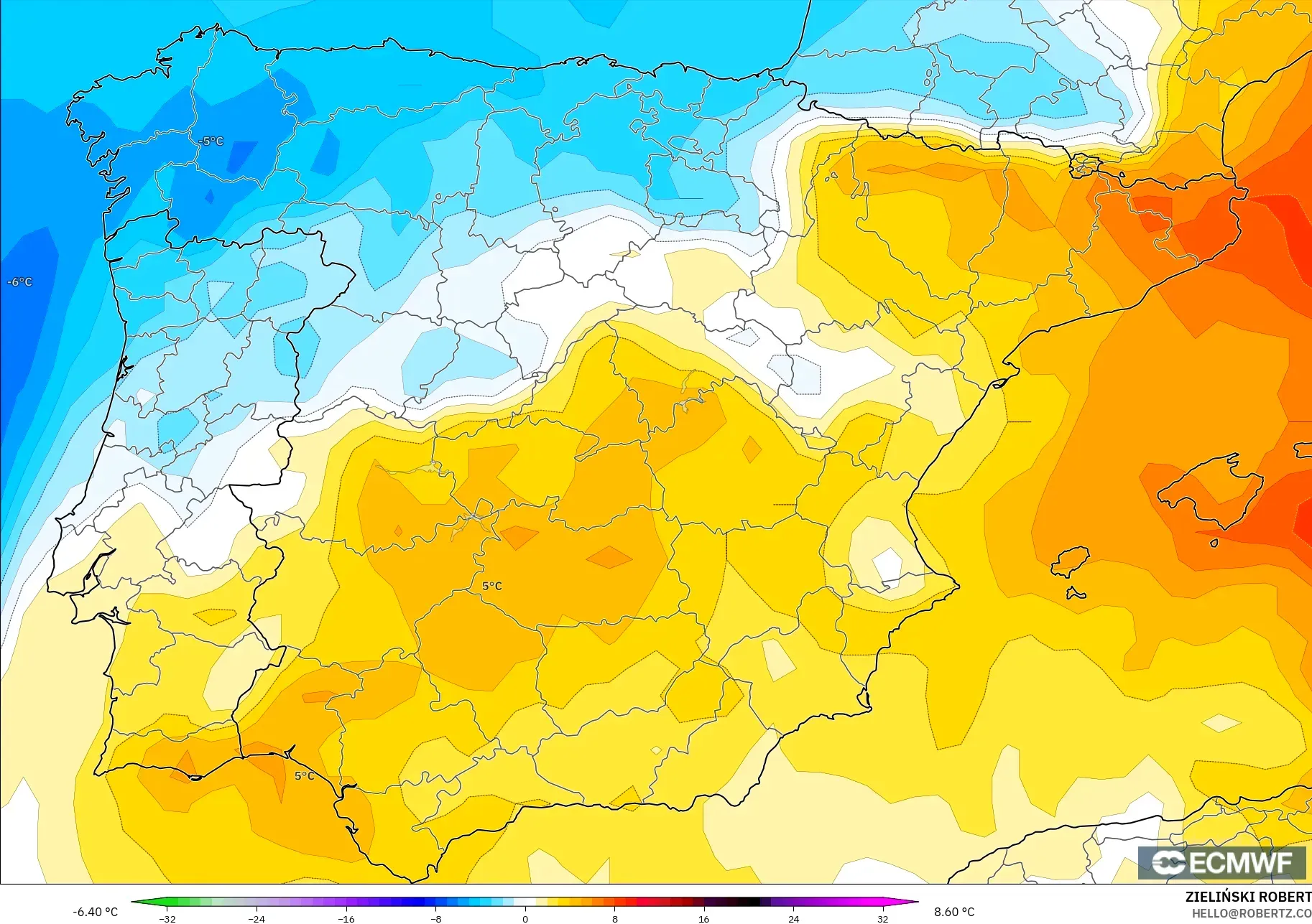 ECMWF IFS 0.25° model - Spanyol, Anomali Suhu 850 hPa