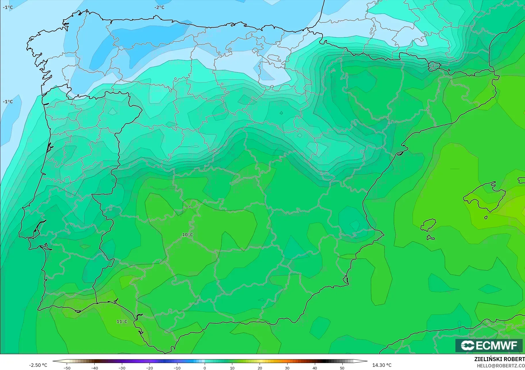 ECMWF IFS 0.25° model - Spanyol, Suhu 850 hPa