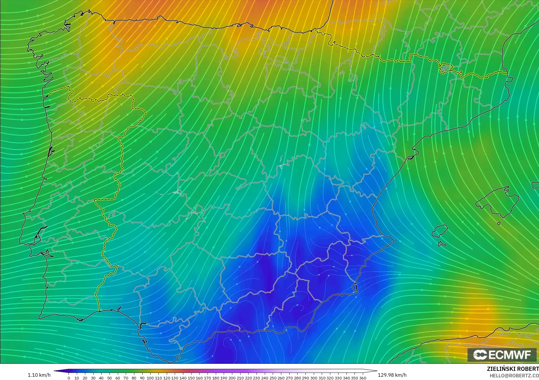 ECMWF IFS 0.25° model - Spanyol, Angin 300 hPa (aliran jet)