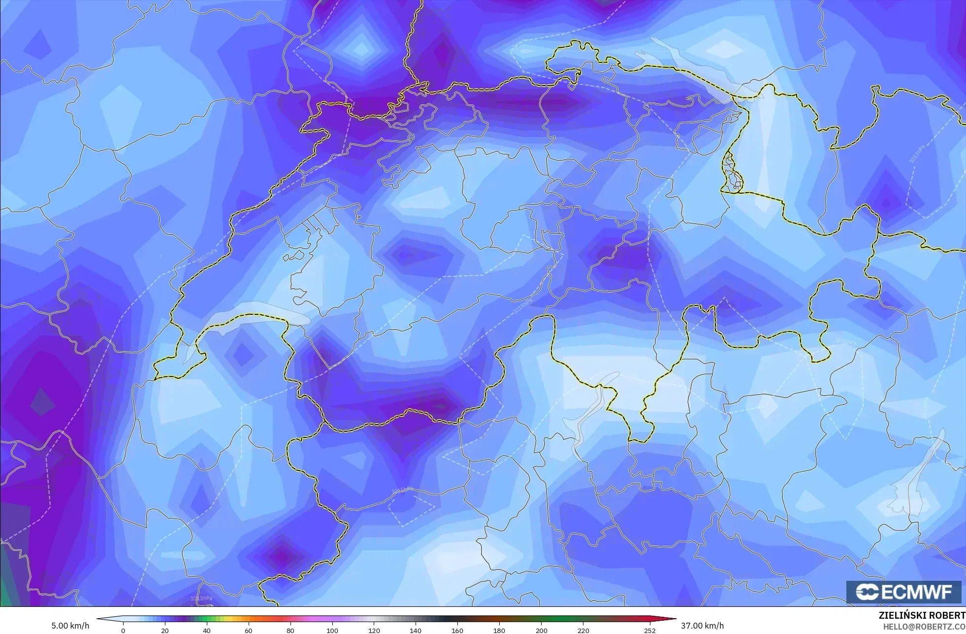 ECMWF IFS 0.25° model - Swiss, Hembusan Angin