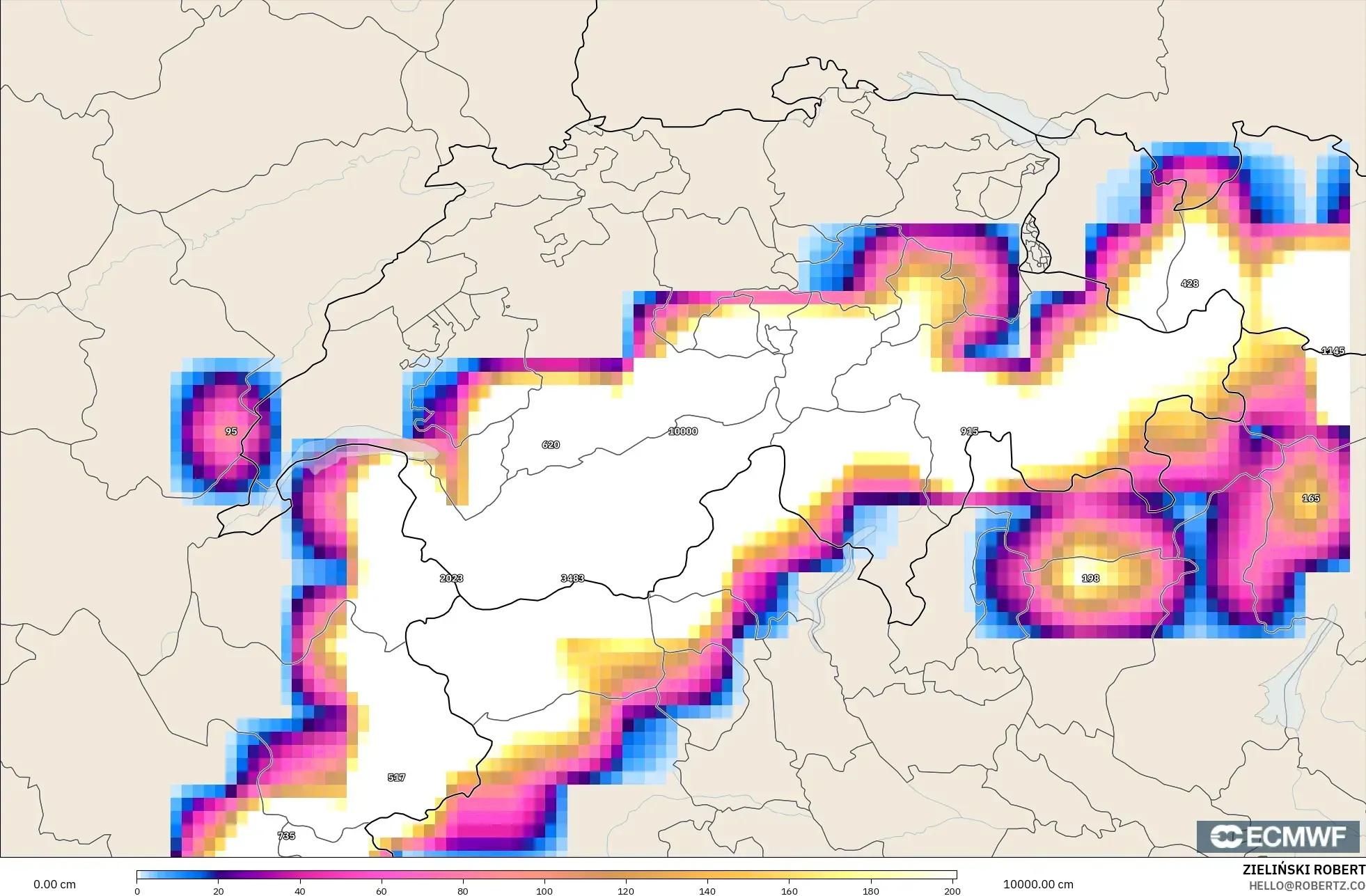 ECMWF IFS 0.25° model - Swiss, Kedalaman Salju
