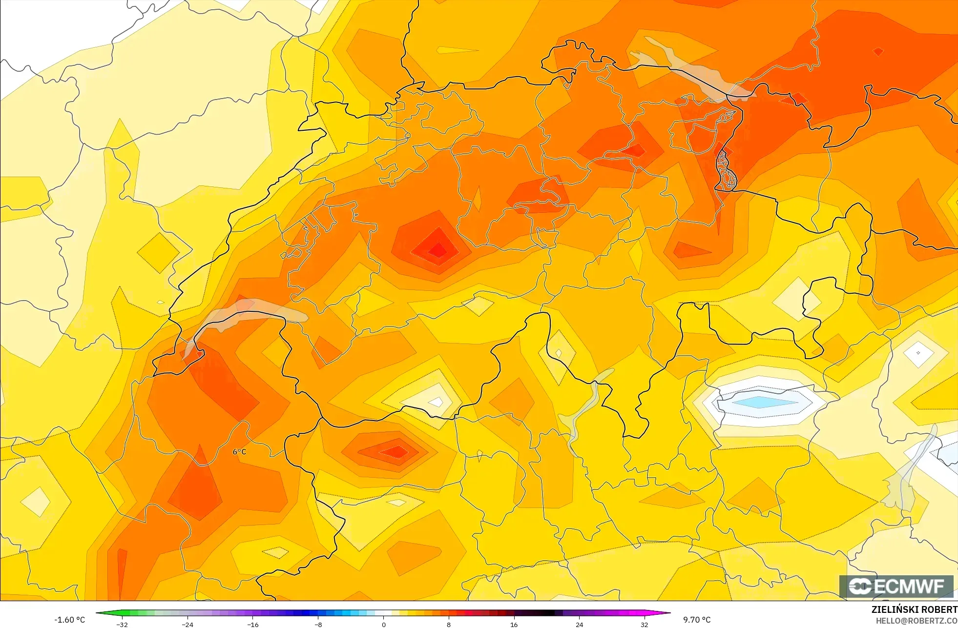 ECMWF IFS 0.25° model - Swiss, Anomali Suhu 2 m