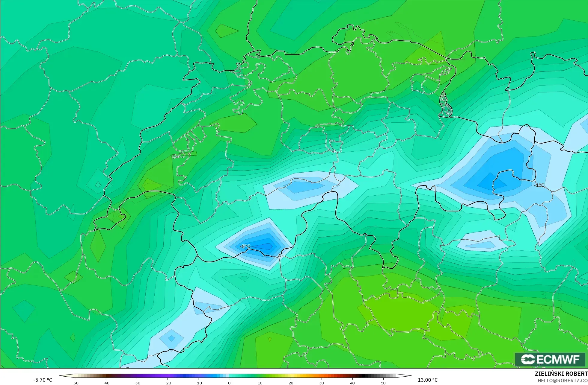 ECMWF IFS 0.25° model - Swiss, Suhu 2 m