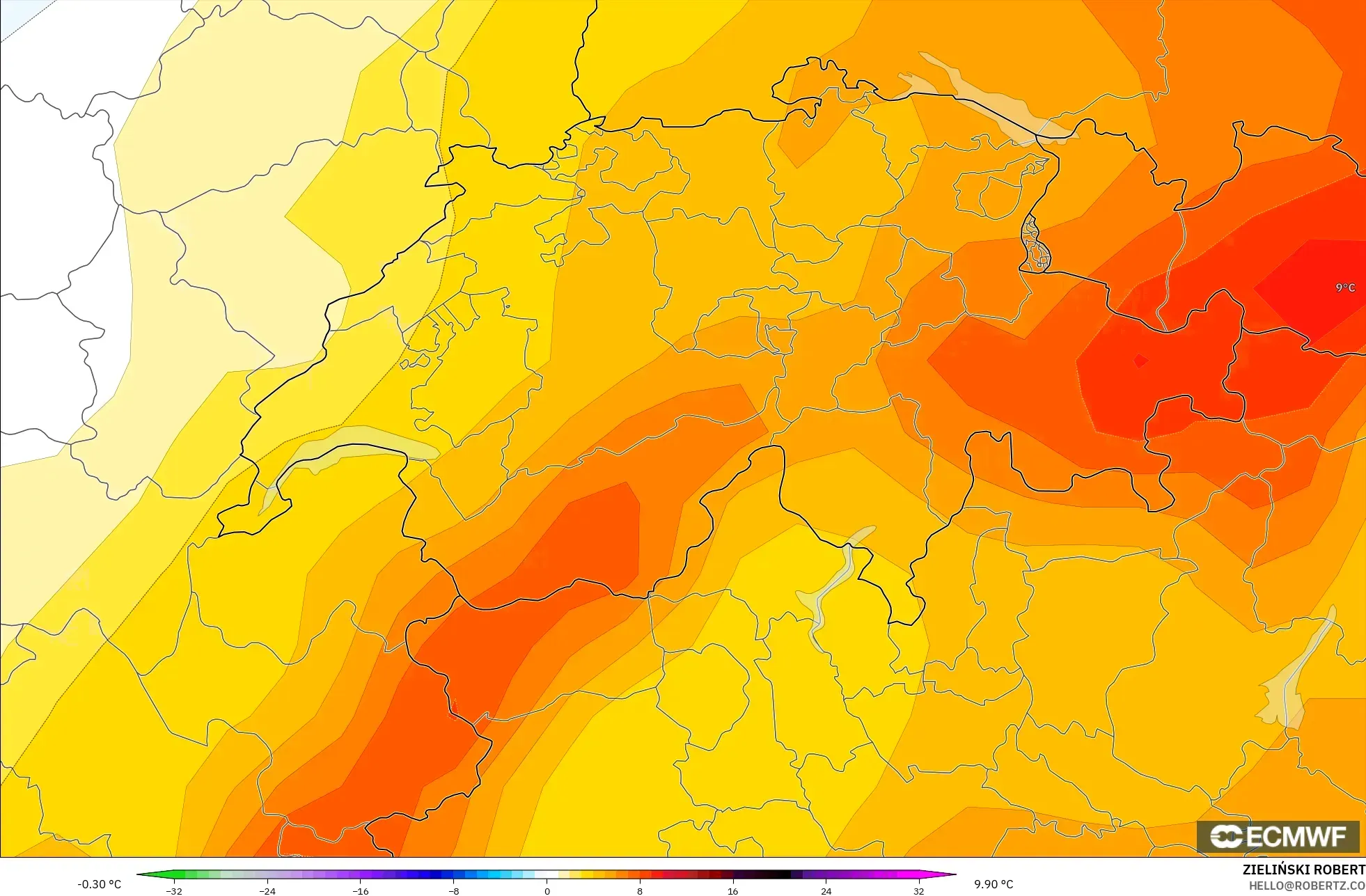 ECMWF IFS 0.25° model - Swiss, Anomali Suhu 850 hPa