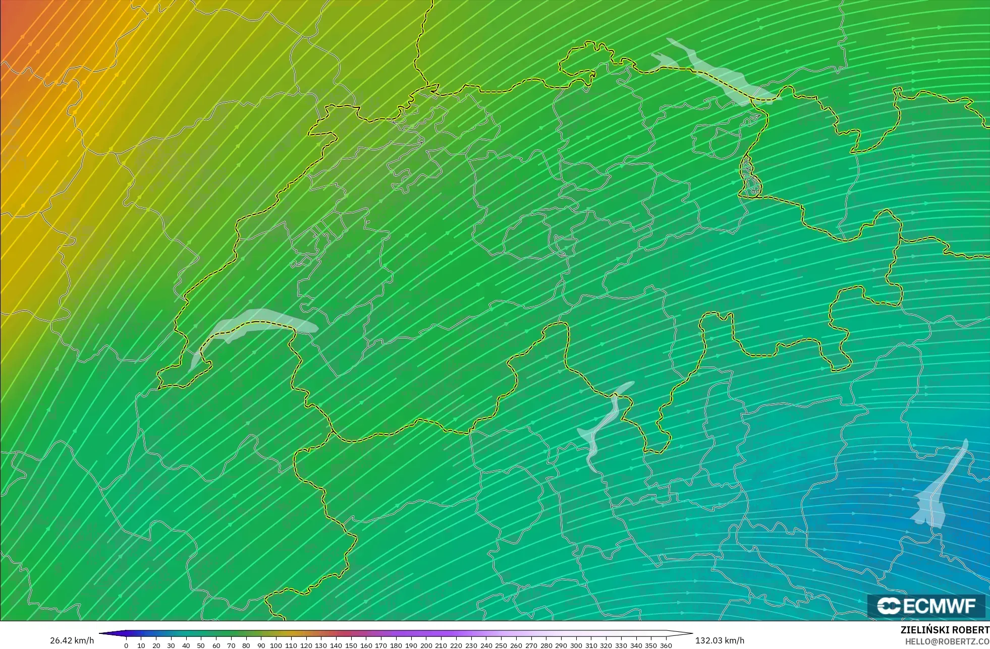 ECMWF IFS 0.25° model - Swiss, Angin 300 hPa (aliran jet)