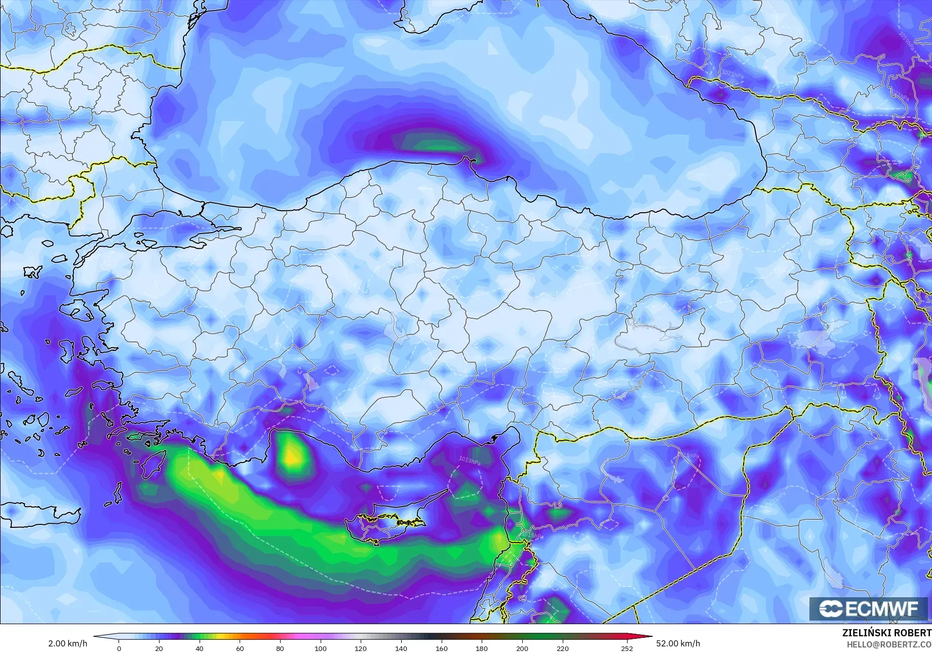 ECMWF IFS 0.25° model - Turki, Hembusan Angin