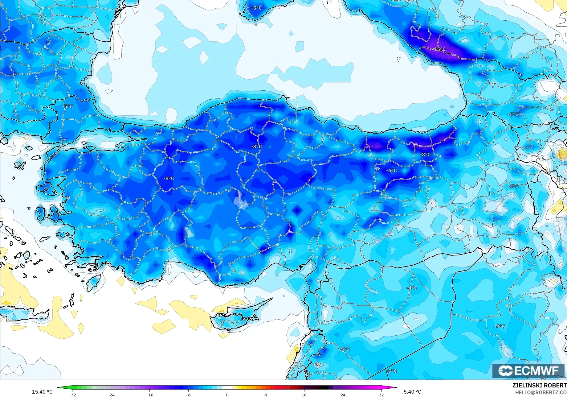 ECMWF IFS 0.25° model - Turki, Anomali Suhu 2 m