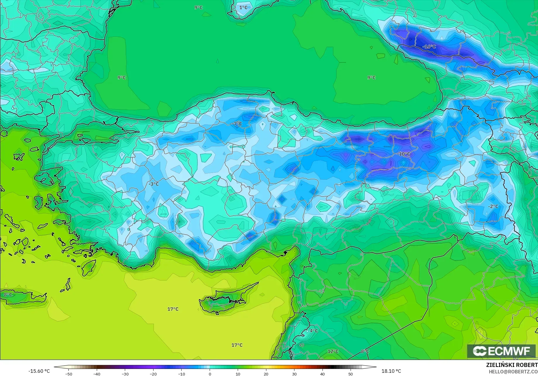 ECMWF IFS 0.25° model - Turki, Suhu 2 m