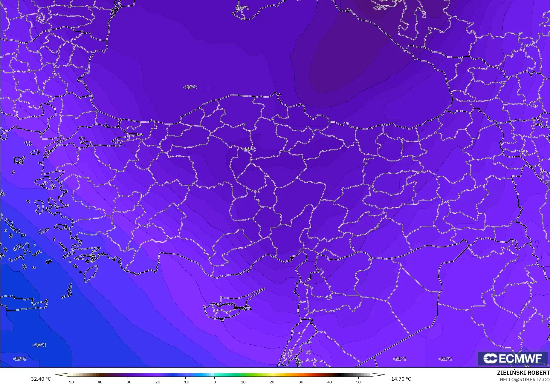ECMWF IFS 0.25° model - Turki, Suhu 500 hPa
