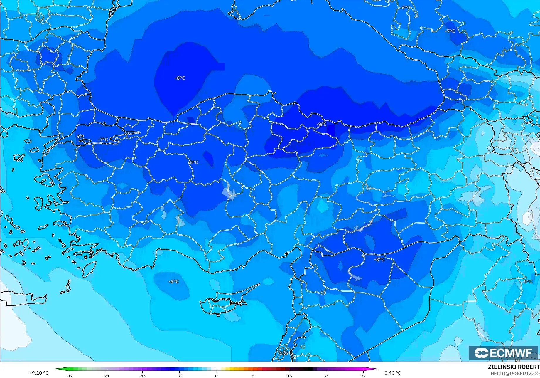 ECMWF IFS 0.25° model - Turki, Anomali Suhu 850 hPa