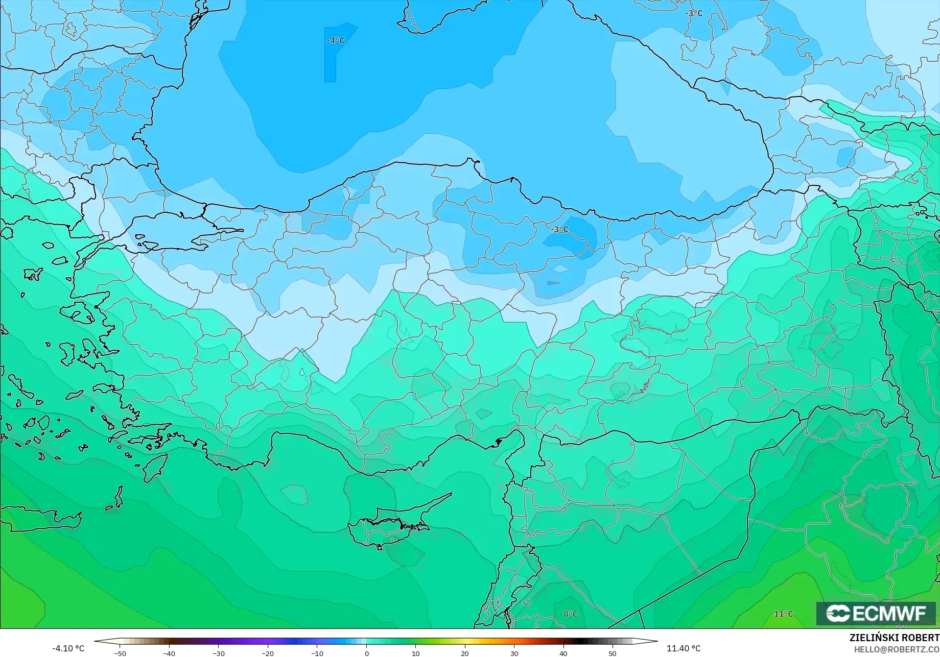 ECMWF IFS 0.25° model - Turki, Suhu 850 hPa