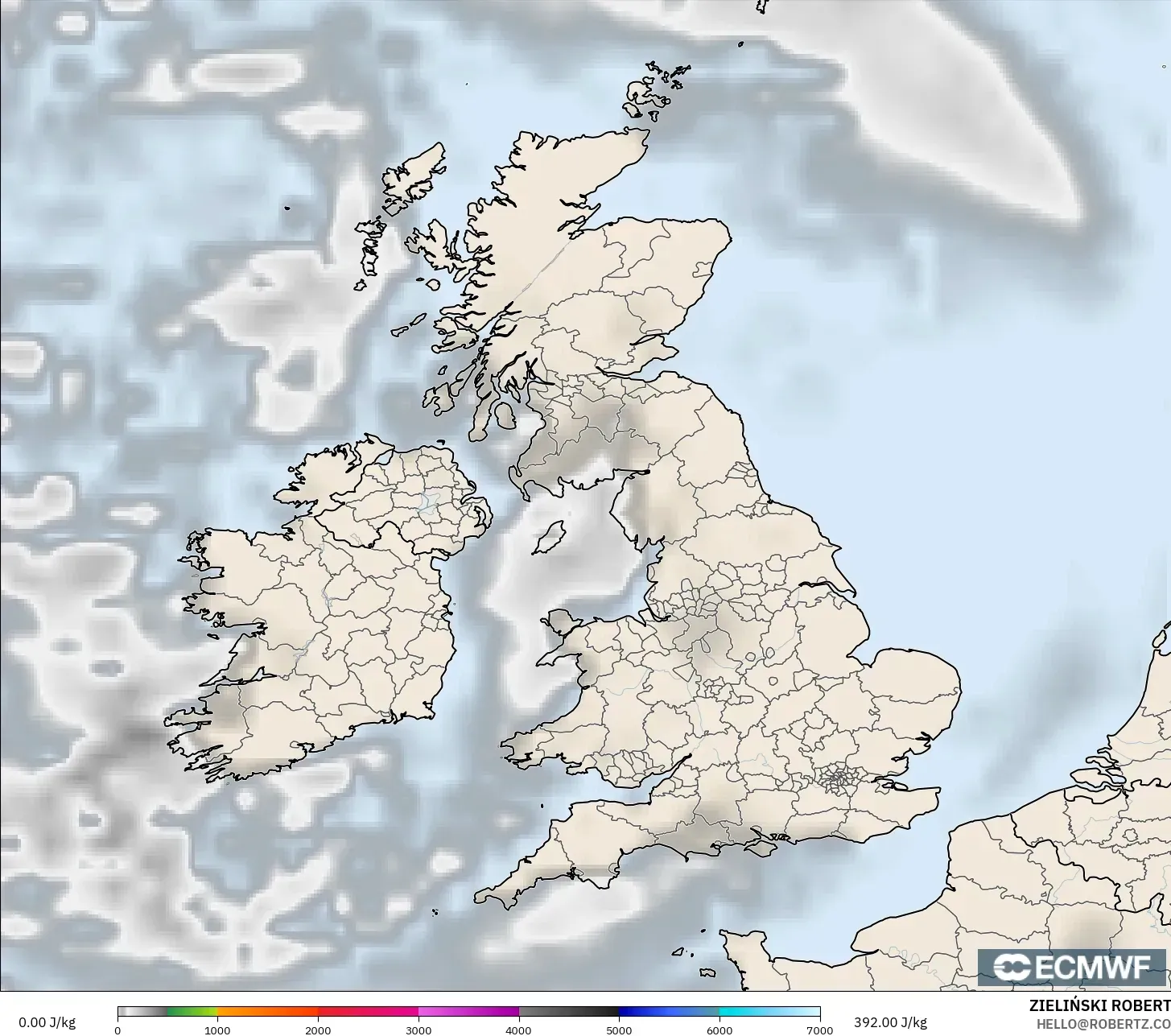 ECMWF IFS 0.25° model - Britania Raya, CAPE