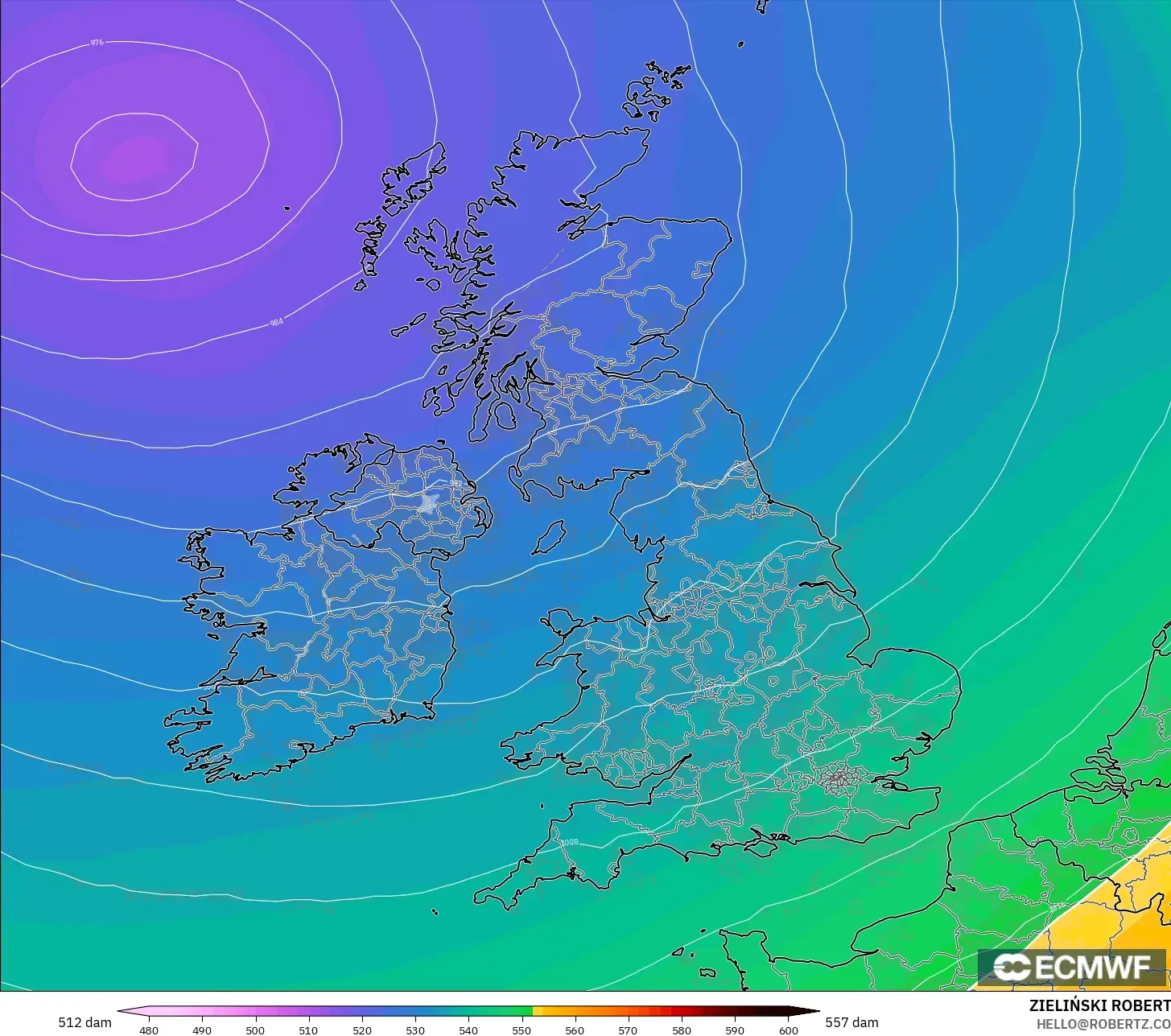 ECMWF IFS 0.25° model - Britania Raya, Ketinggian geopotensial pada 500 hPa