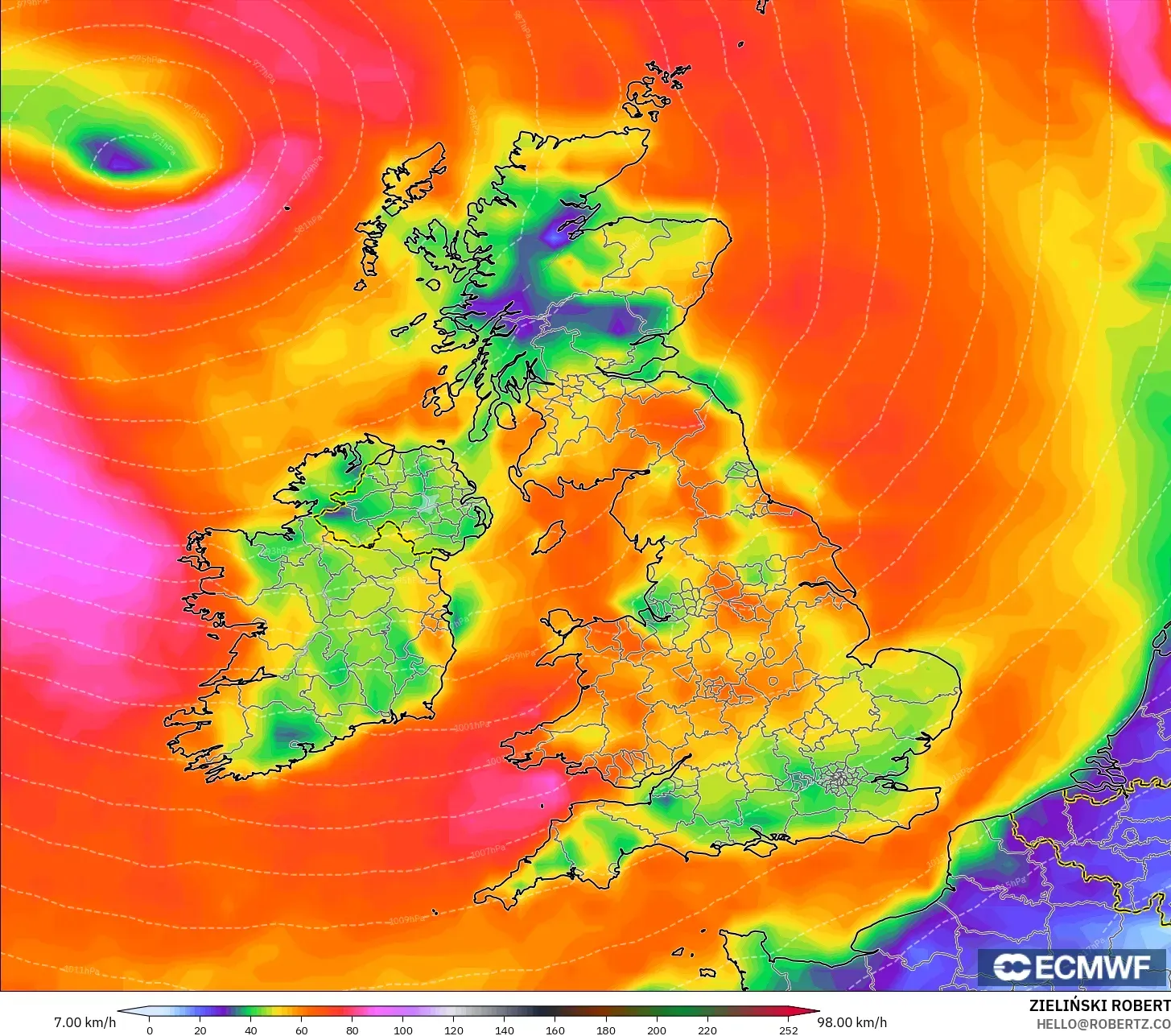 ECMWF IFS 0.25° model - Britania Raya, Hembusan Angin